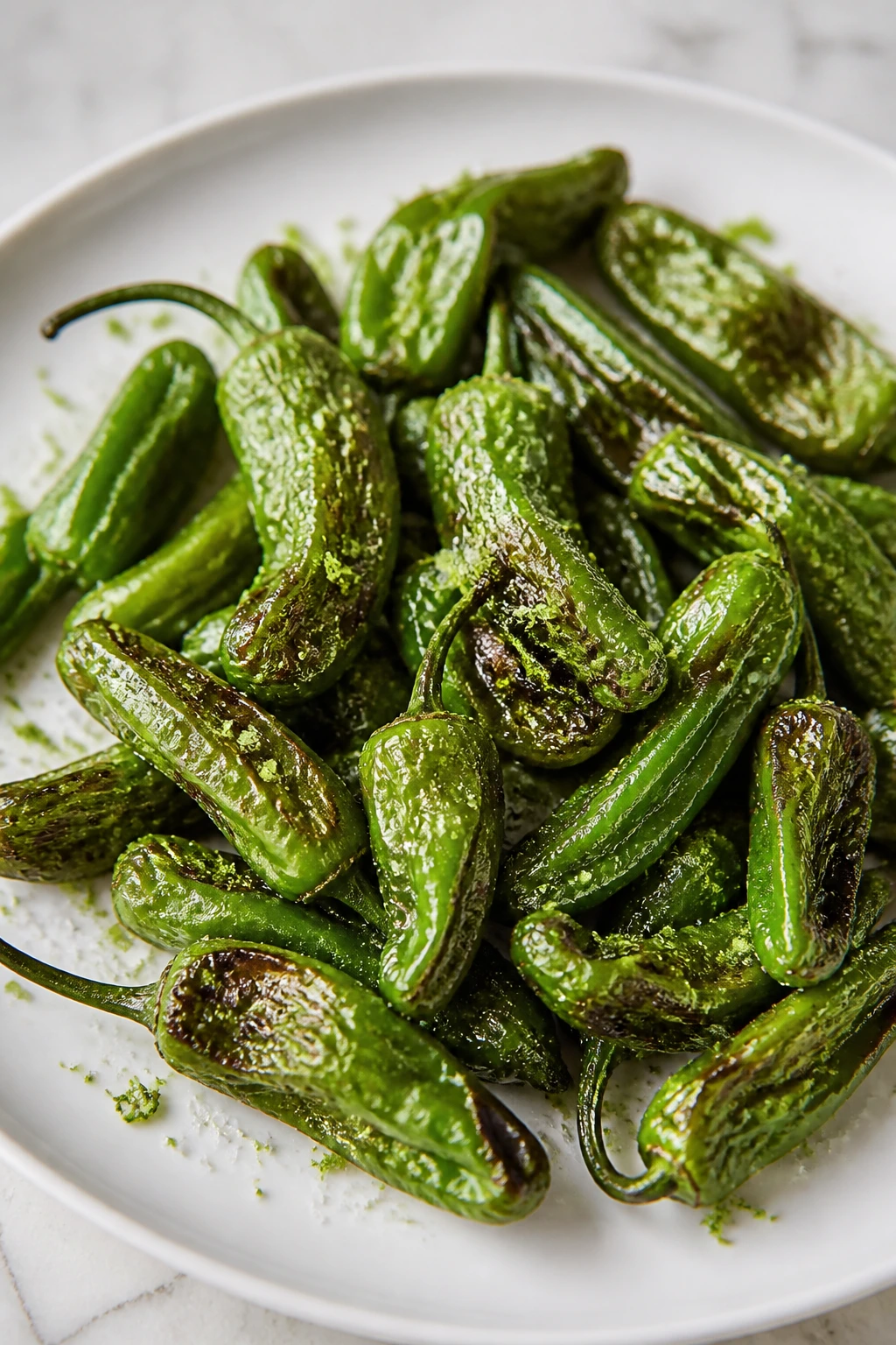 Close-up of blistered shishito peppers with lime zest on a plate