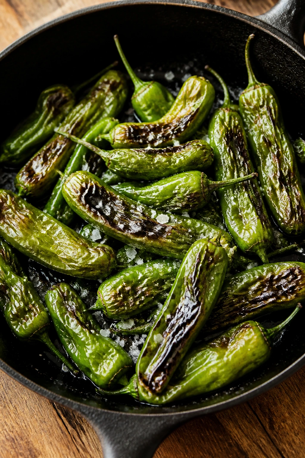 Blistered shishito peppers with sea salt in a skillet