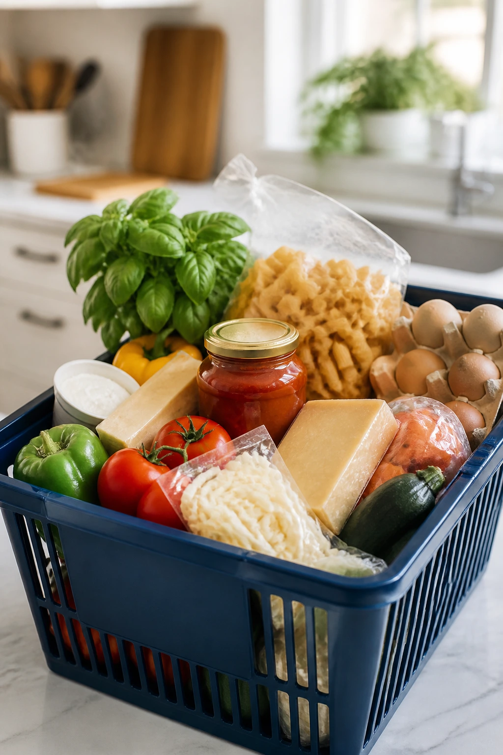 Basket of movie-night ingredients on a kitchen island