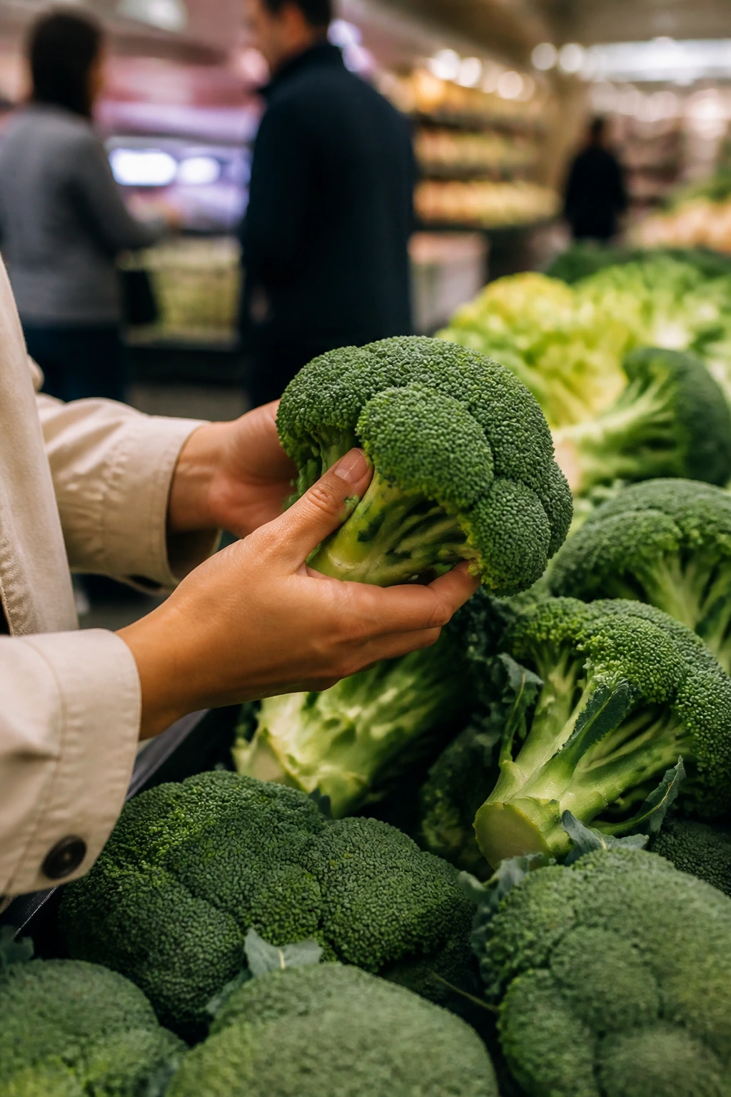 Hands selecting broccoli at a grocery store produce bin