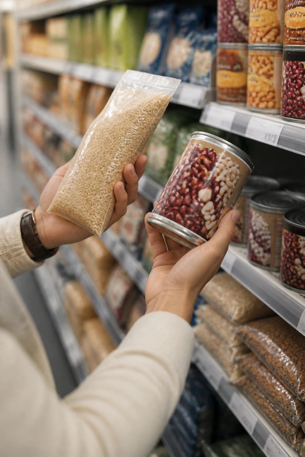 Hands selecting beans and brown rice at grocery store aisle