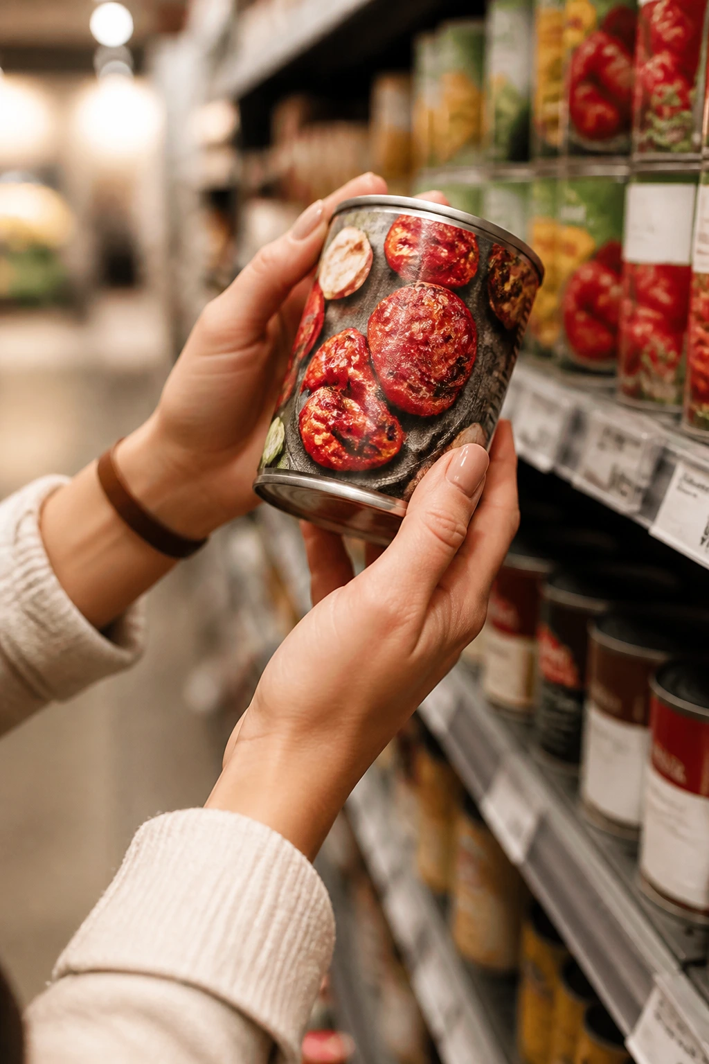 Hands selecting fire-roasted tomato can at grocery store