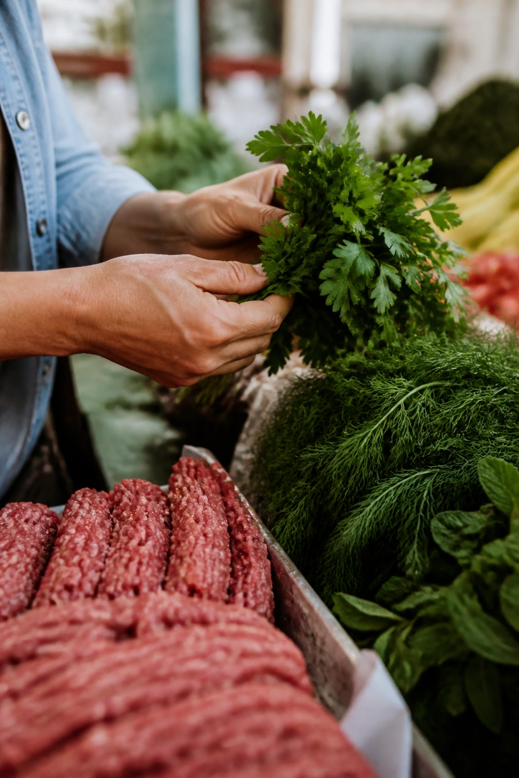 Hands selecting fresh parsley at a market for meatball ingredients