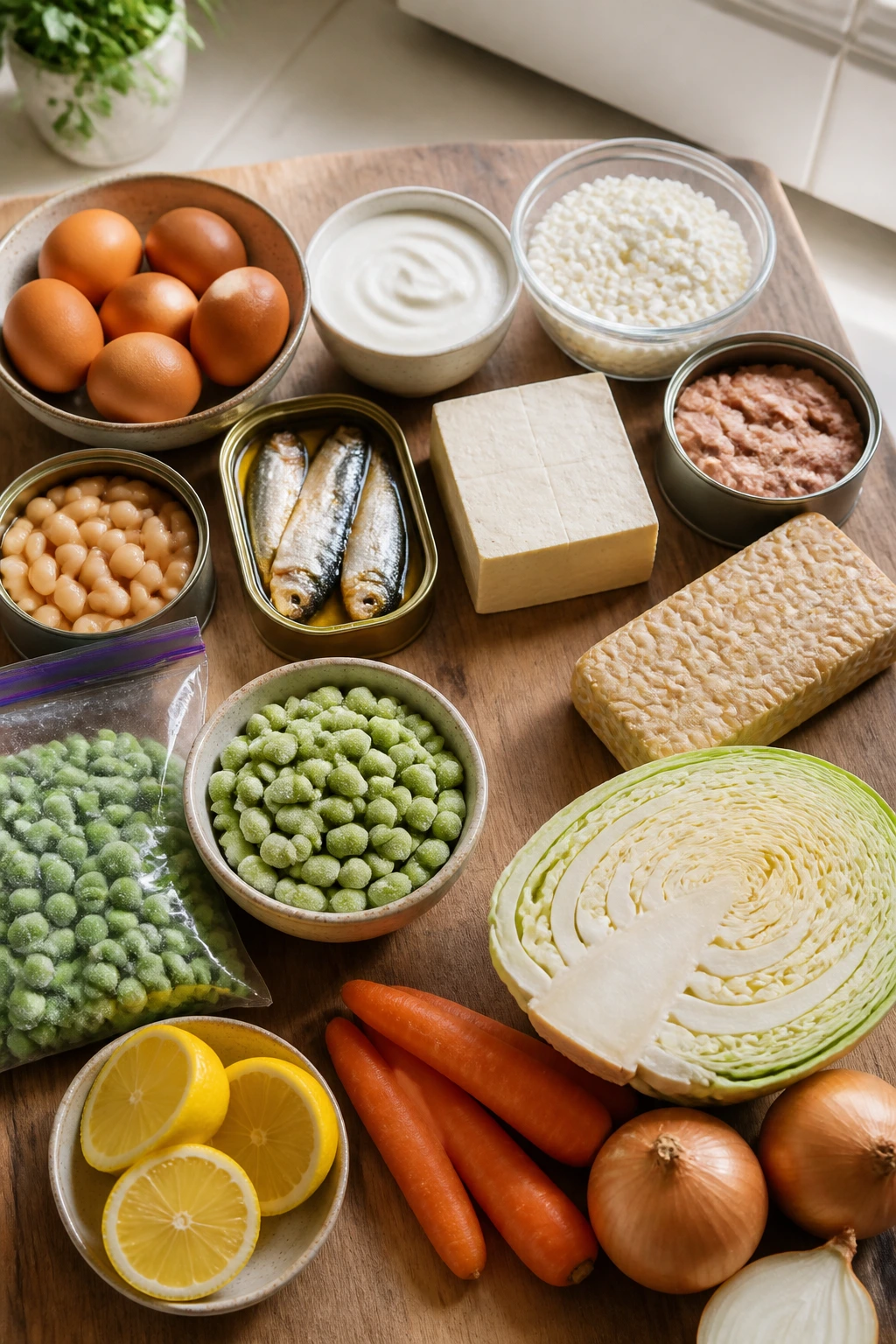 Top-down view of shelf-stable ingredients for solo meals on a kitchen counter.
