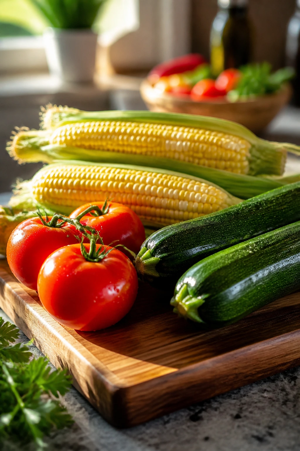 Close-up of fresh produce ideal for grilling on a cutting board