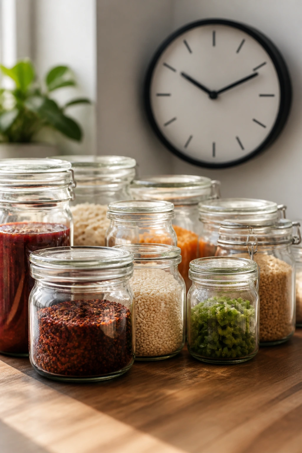 Counter with unlabeled ingredient jars and a numeral-free clock