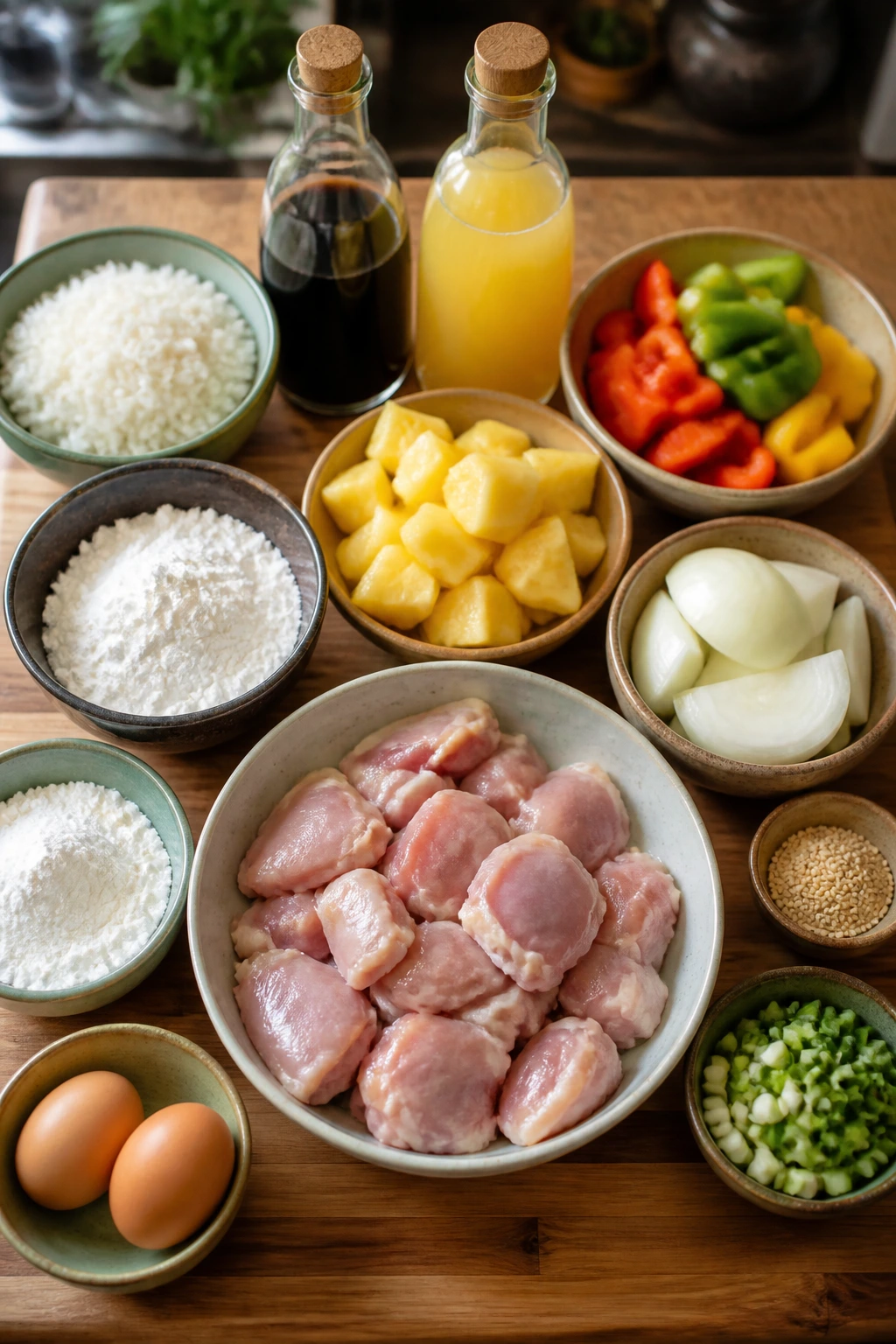 Overhead view of ingredients for Sweet and Sour Chicken arranged on a counter