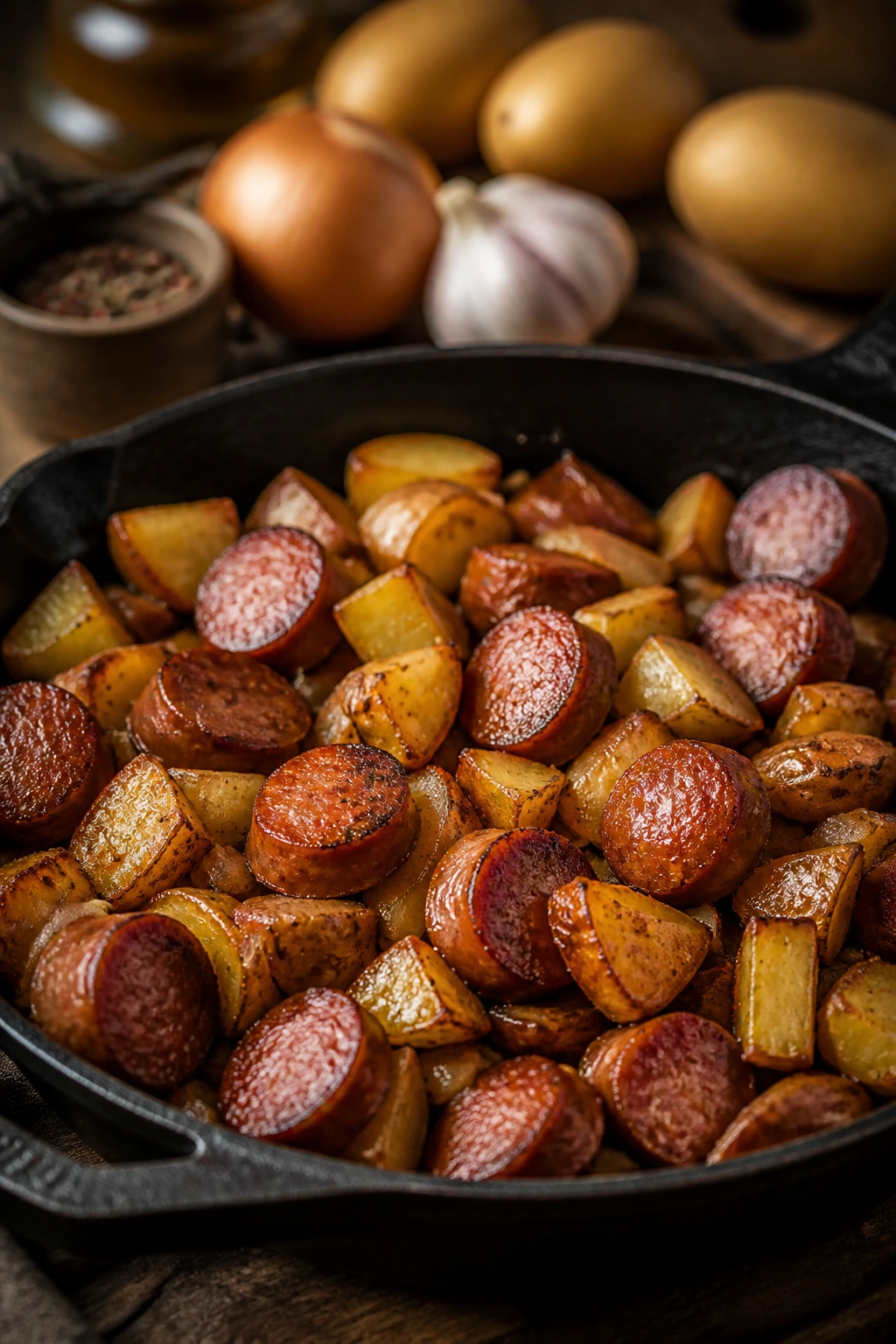 Skillet with smoked sausage and potatoes, background ingredients blurred