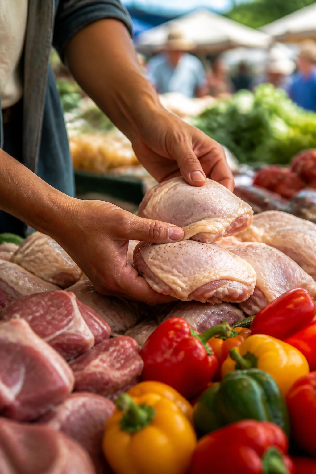 Hands selecting chicken thighs and peppers at a market for grilling