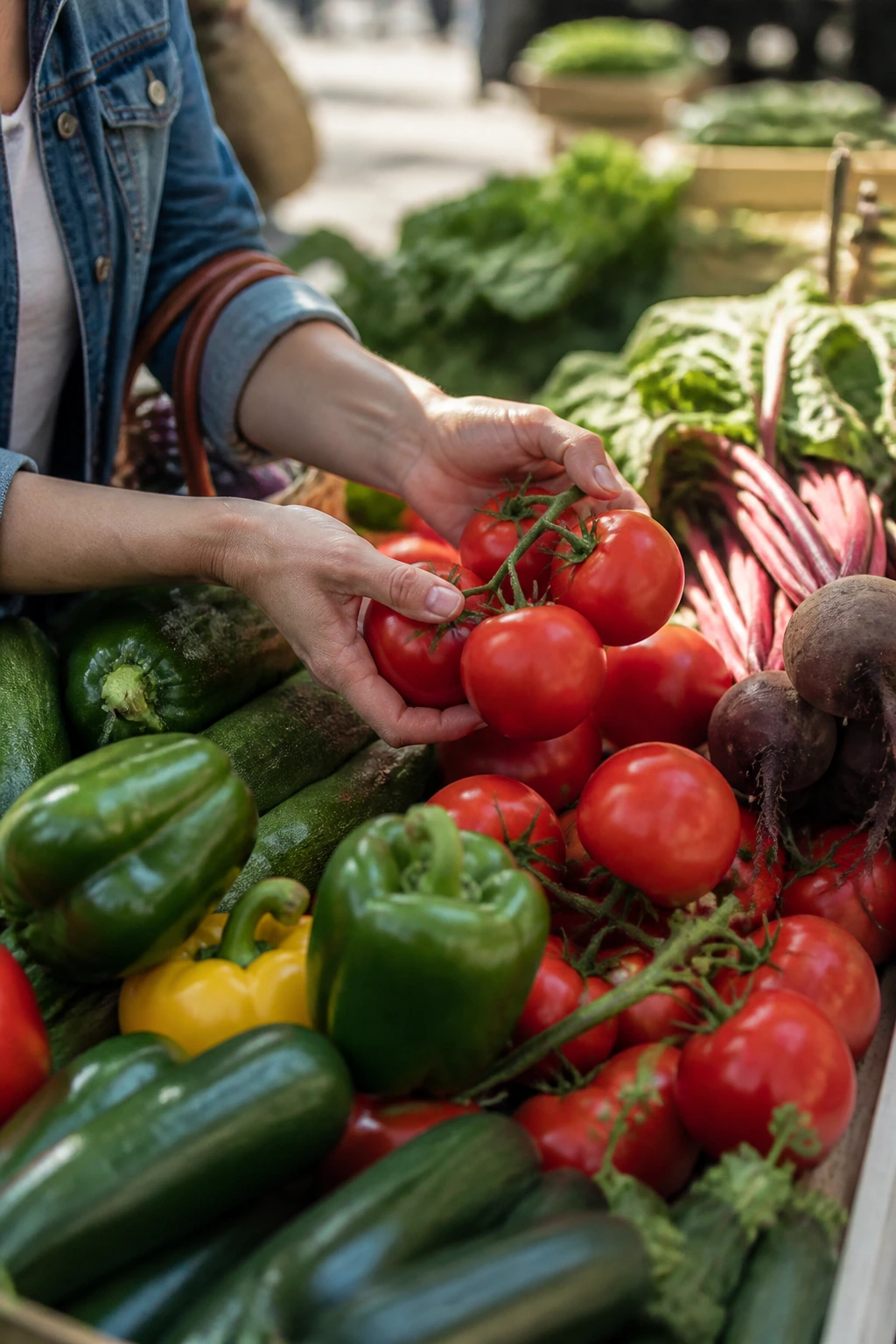 Hands selecting fresh produce at market for burger ingredients