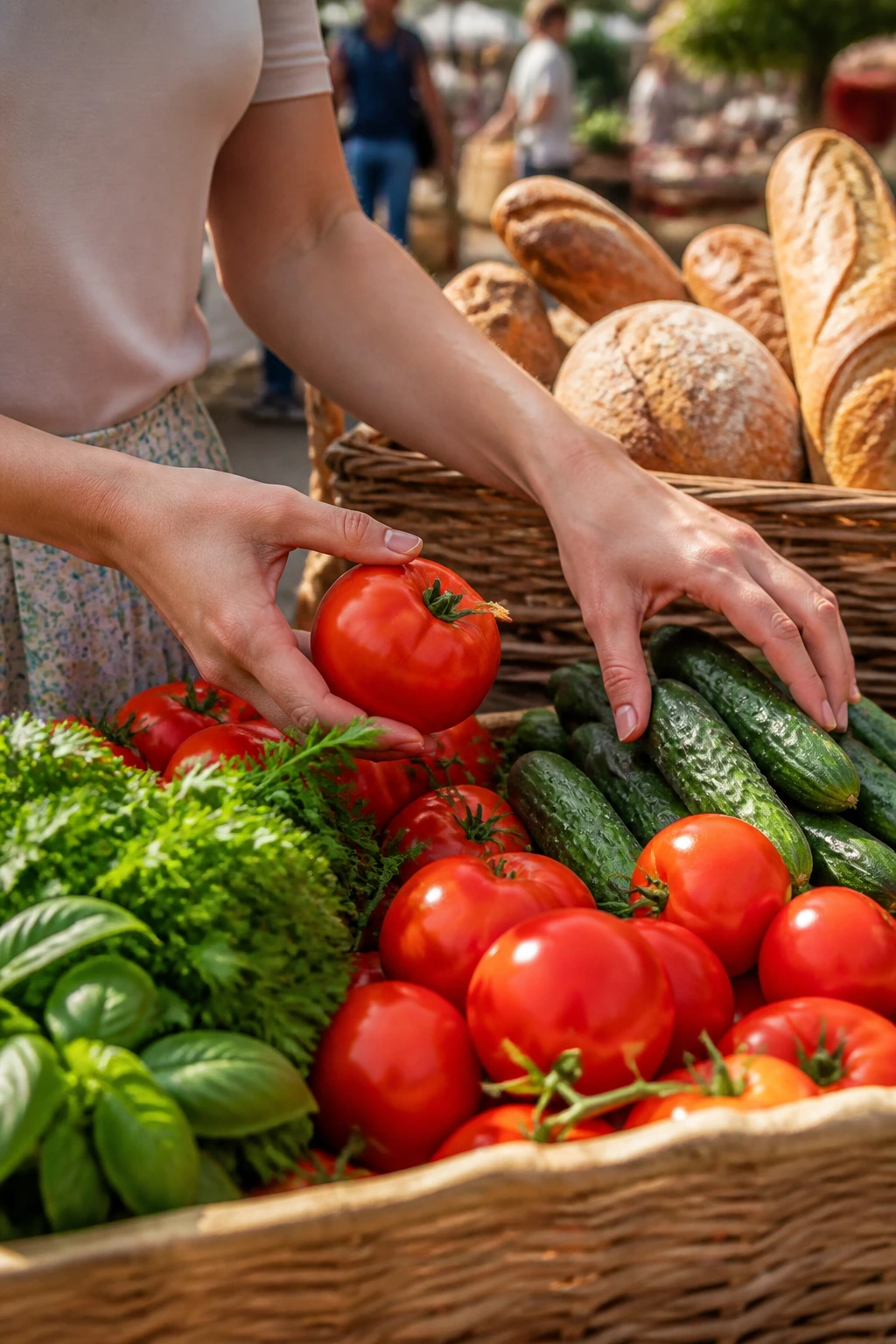 Hands selecting fresh market produce like tomatoes and cucumbers