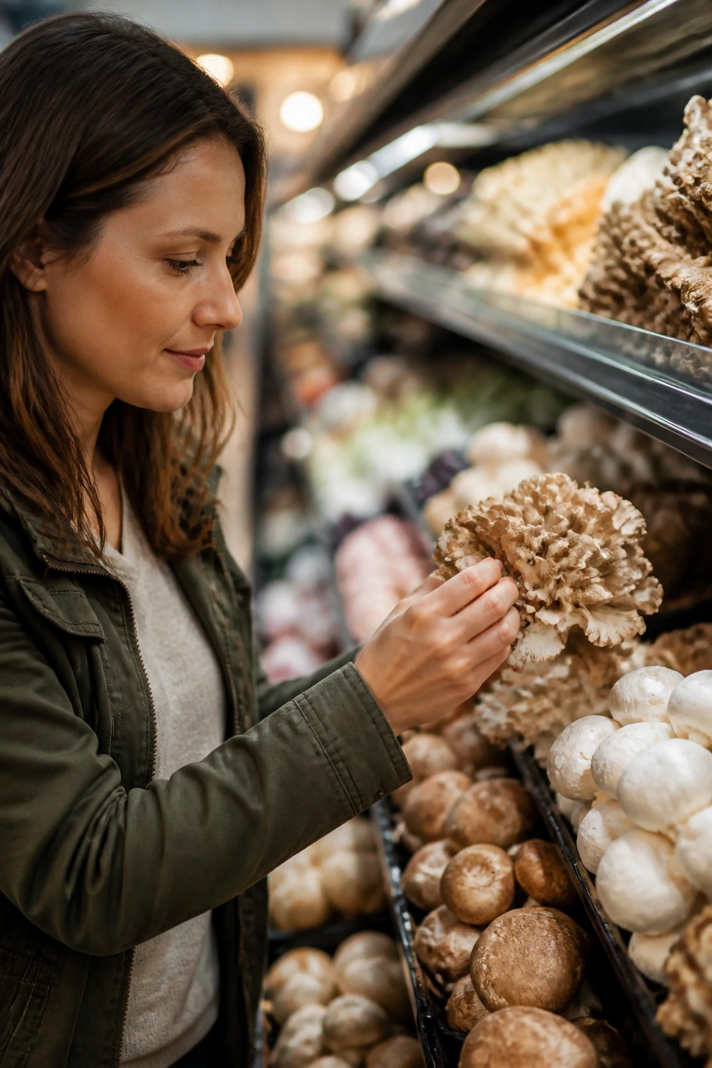 Shopper selecting fresh mushrooms in a grocery store aisle