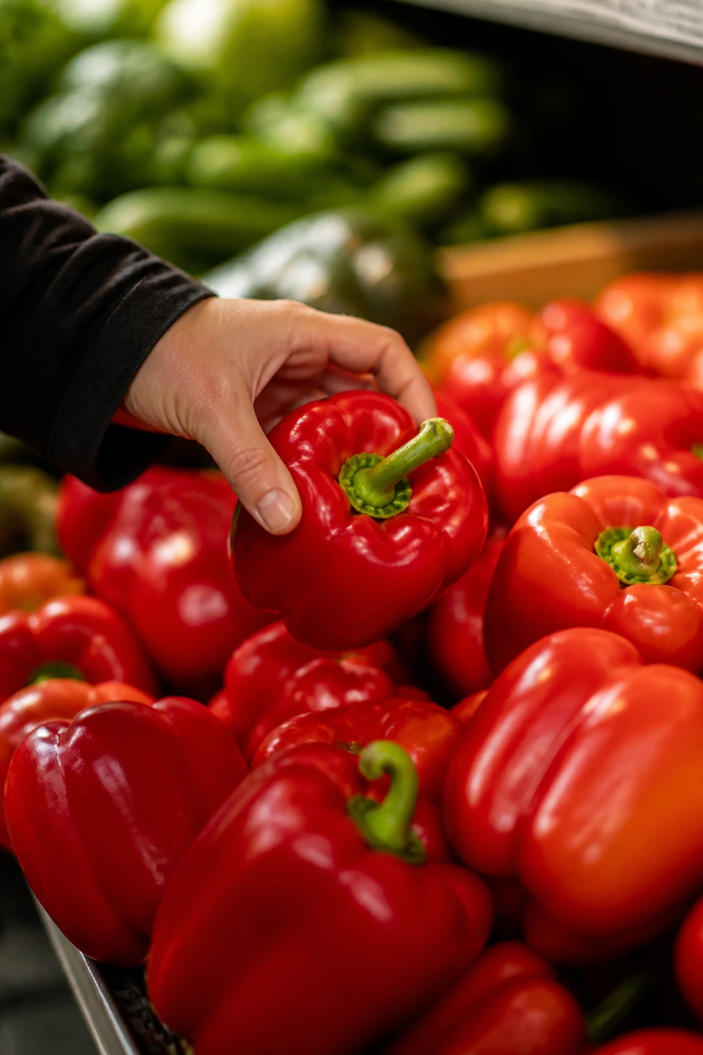 Hand selecting a bright red bell pepper at market