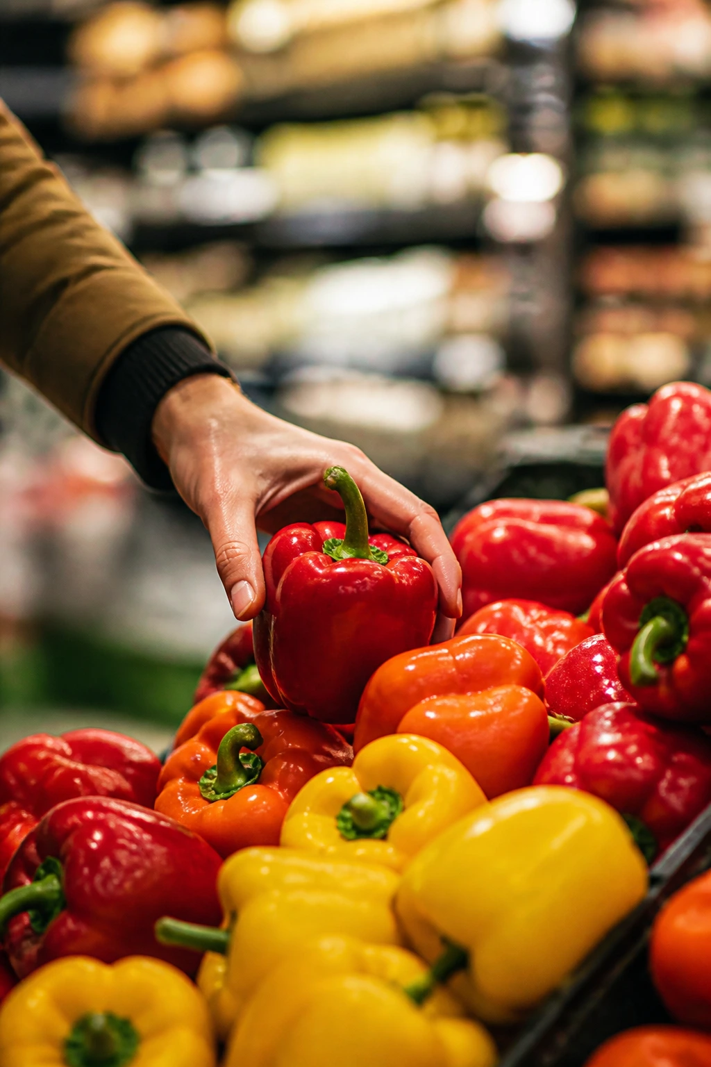 Hand selecting fresh peppers from a grocery store display