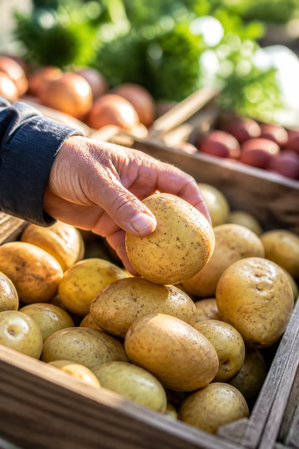 Hand selecting Yukon Gold potatoes at a sunlit market