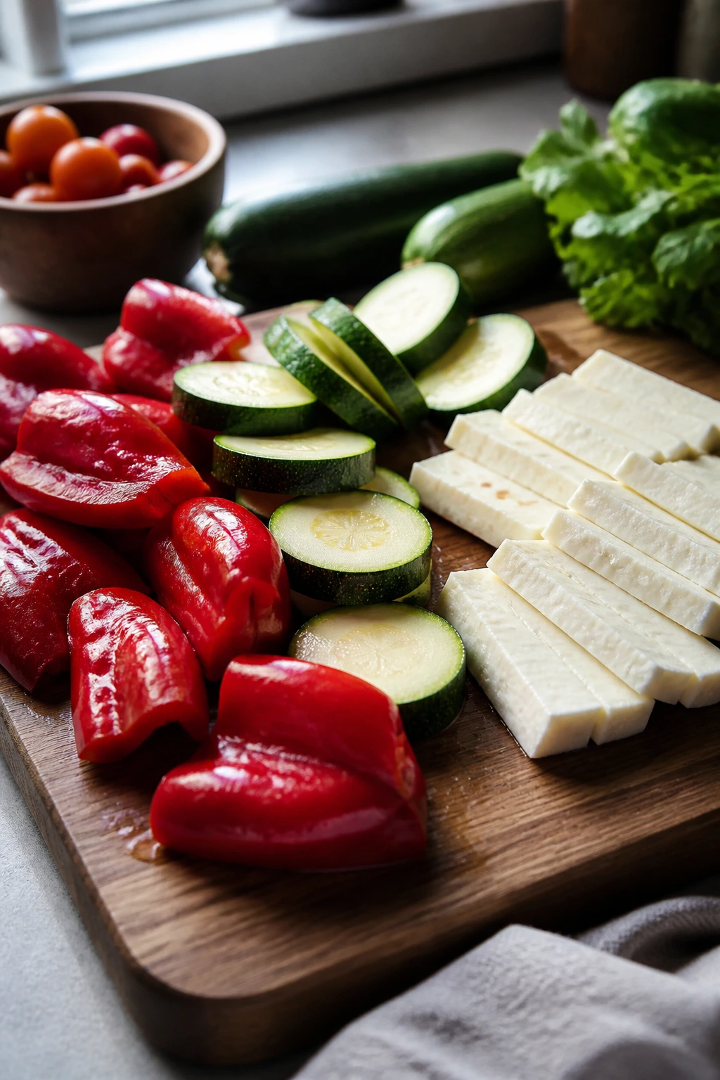 Prep board with peppers and halloumi ready for grilling