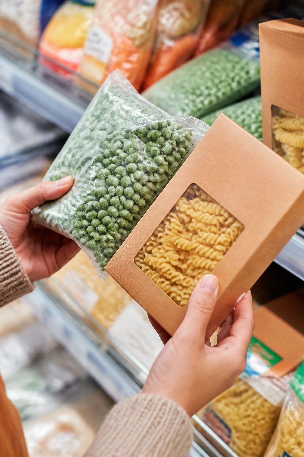 Hands selecting frozen peas and pasta in a grocery store aisle