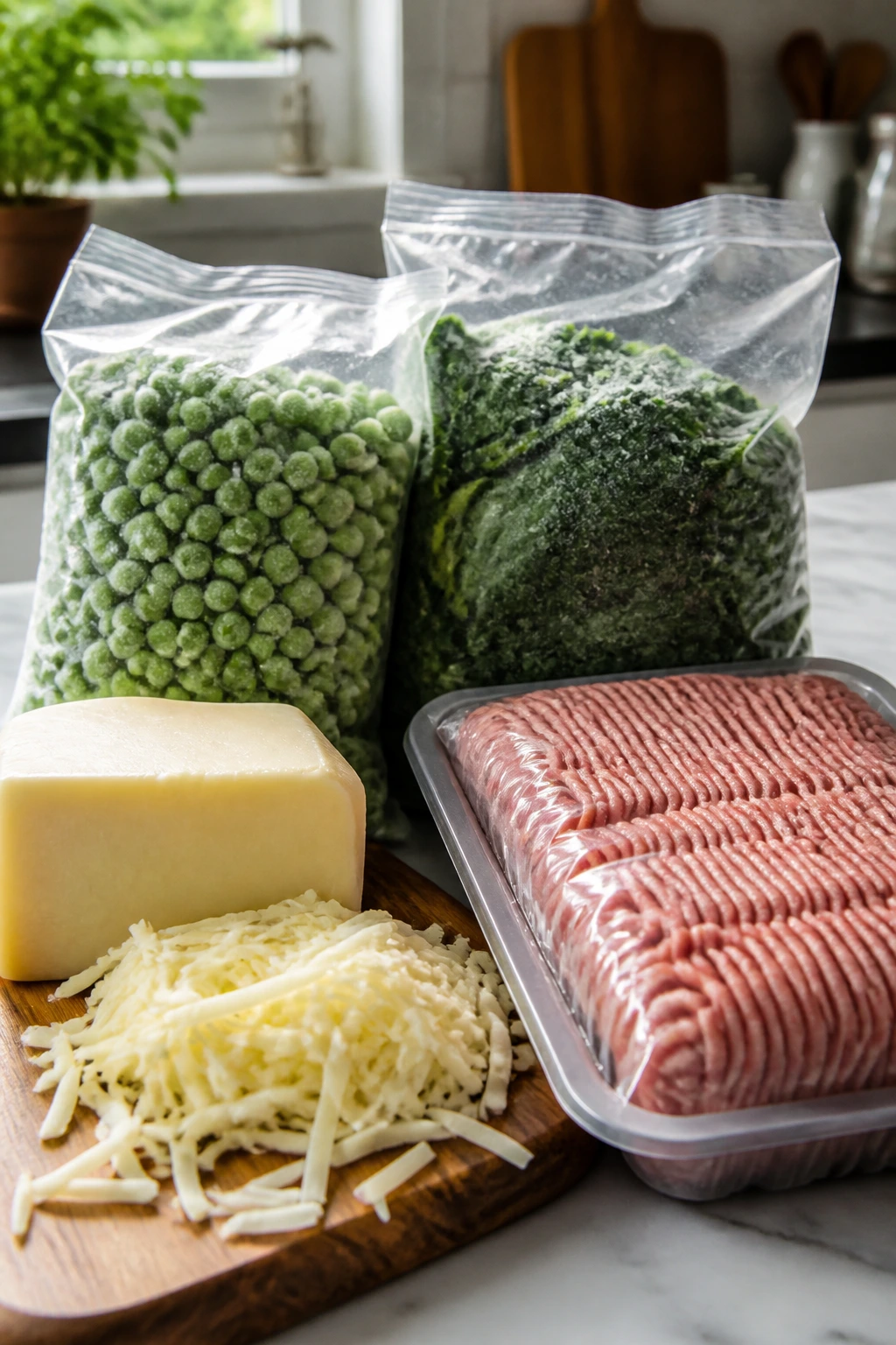 Close-up of mozzarella, frozen peas, spinach, and ground turkey illustrating smart shopping.