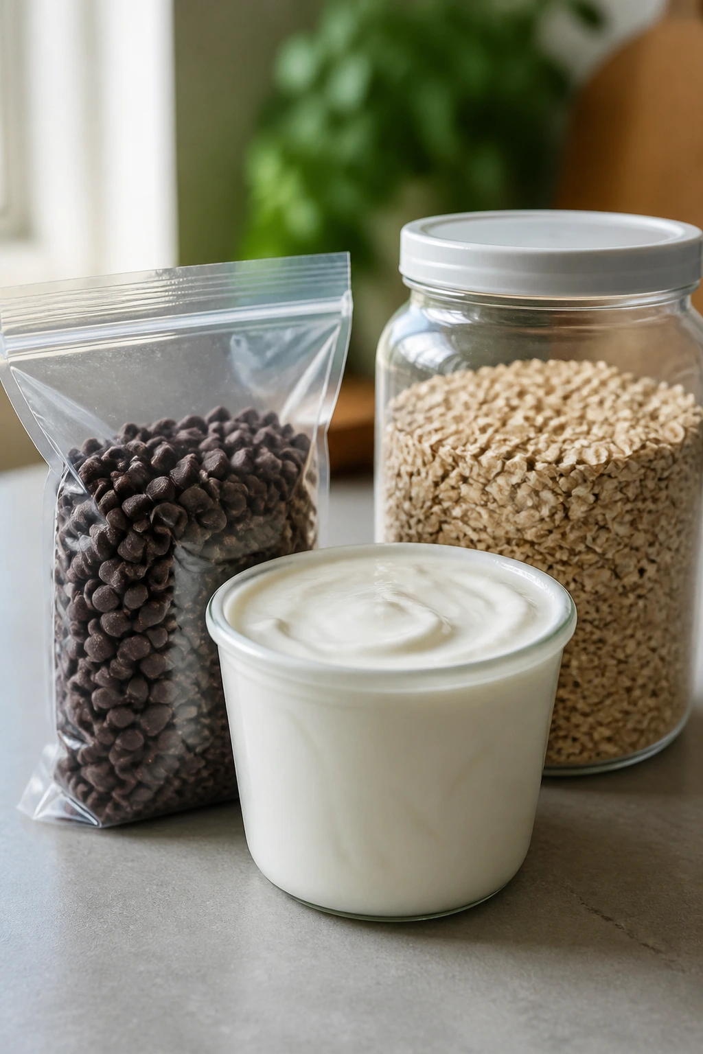 Close-up of yogurt, oats, and mini chocolate chips on a counter