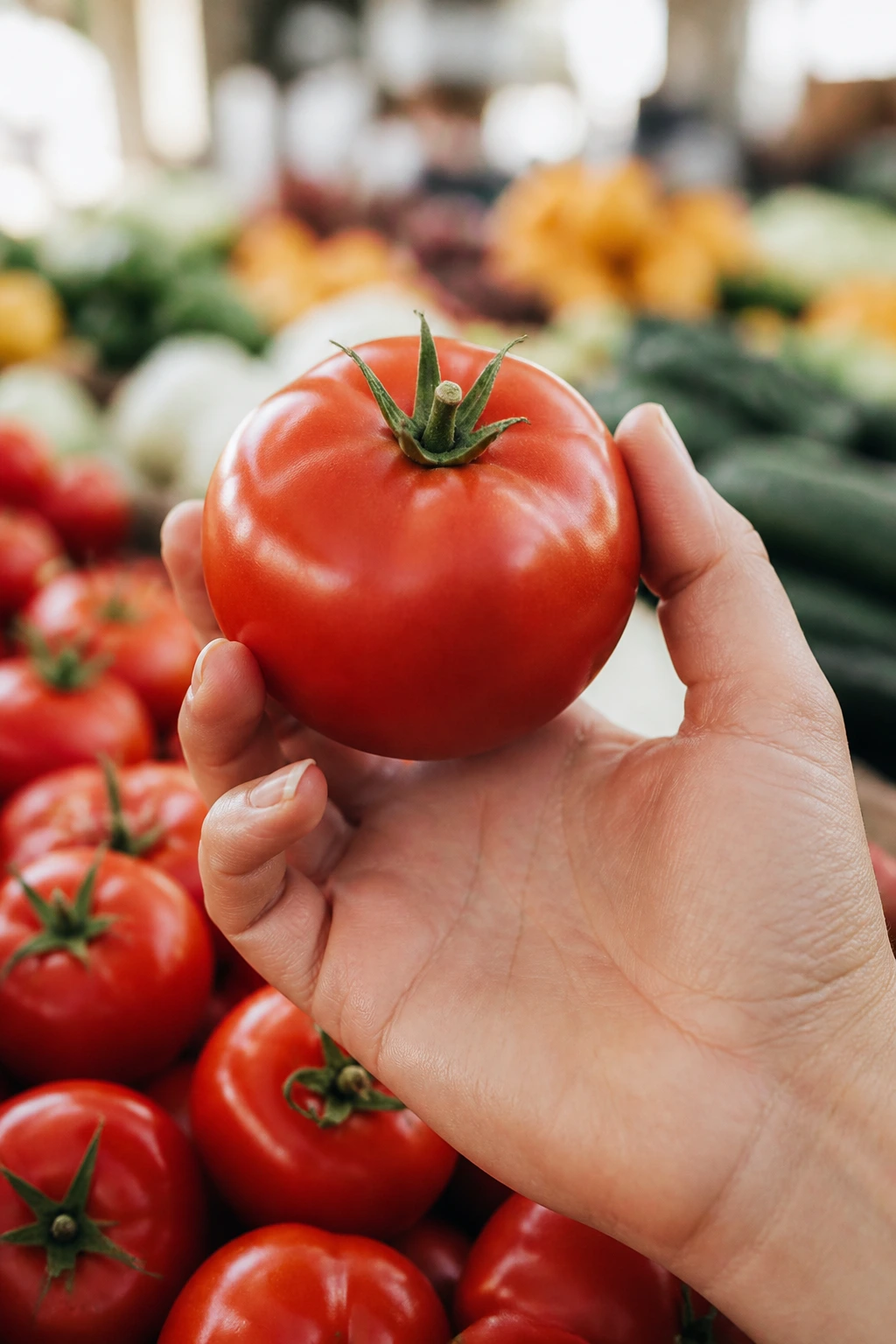Hand selecting fresh tomato at market