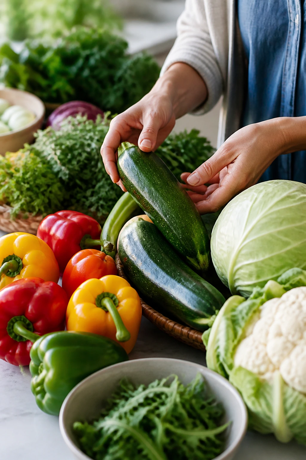 Hands selecting fresh vegetables on a kitchen counter.