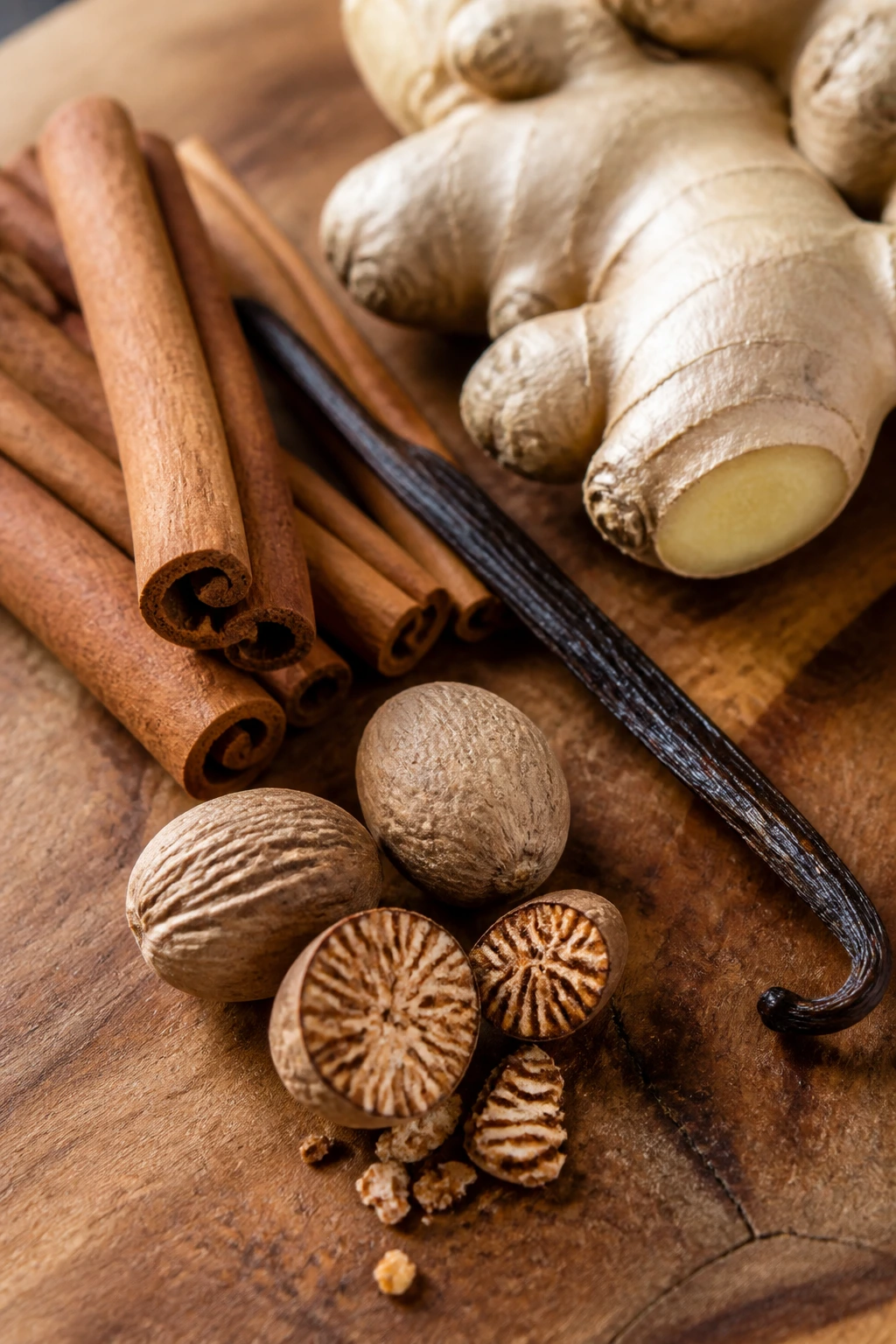 Spices and ingredients arranged on a wooden board for shopping tips