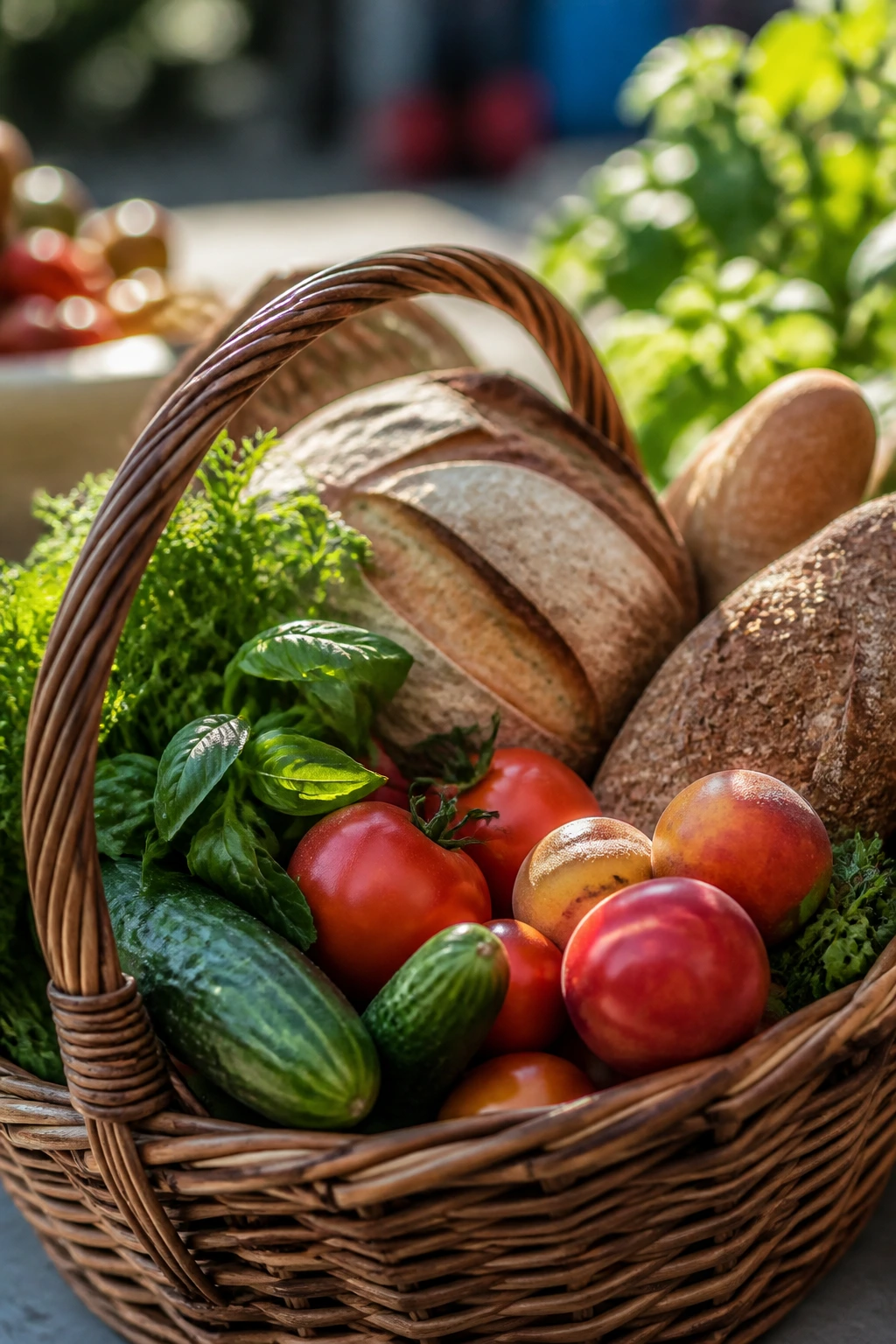 Basket of fresh produce and bread for summer picnic sandwiches.
