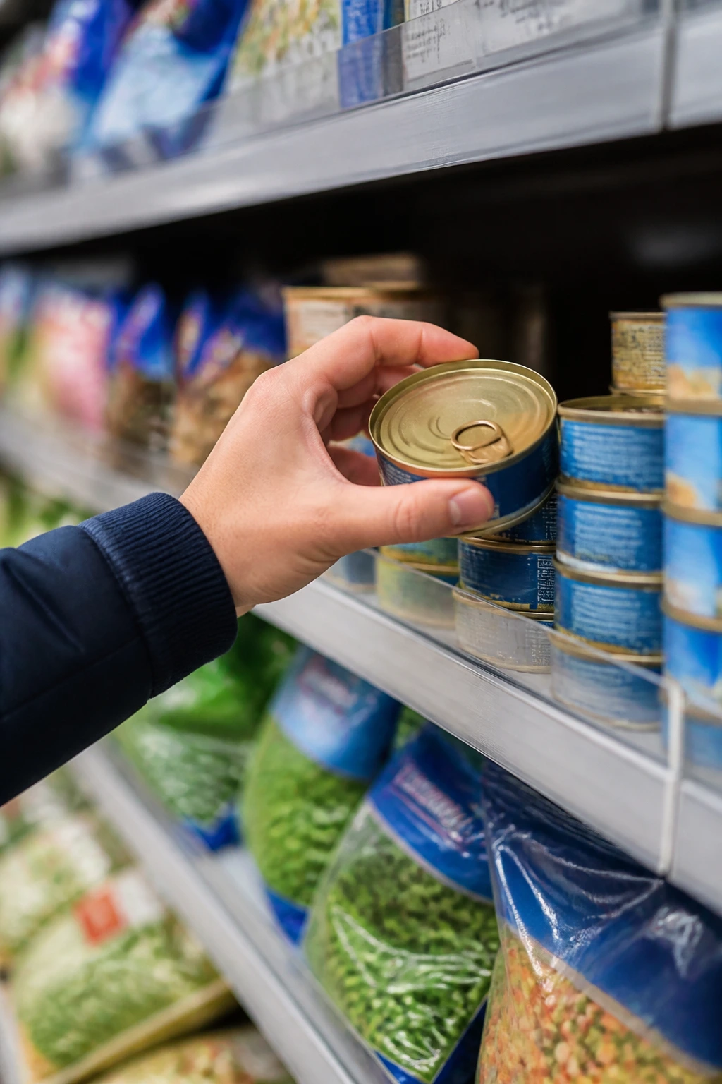Hand selecting canned tuna on a grocery shelf, illustrating budget-conscious lean shopping.
