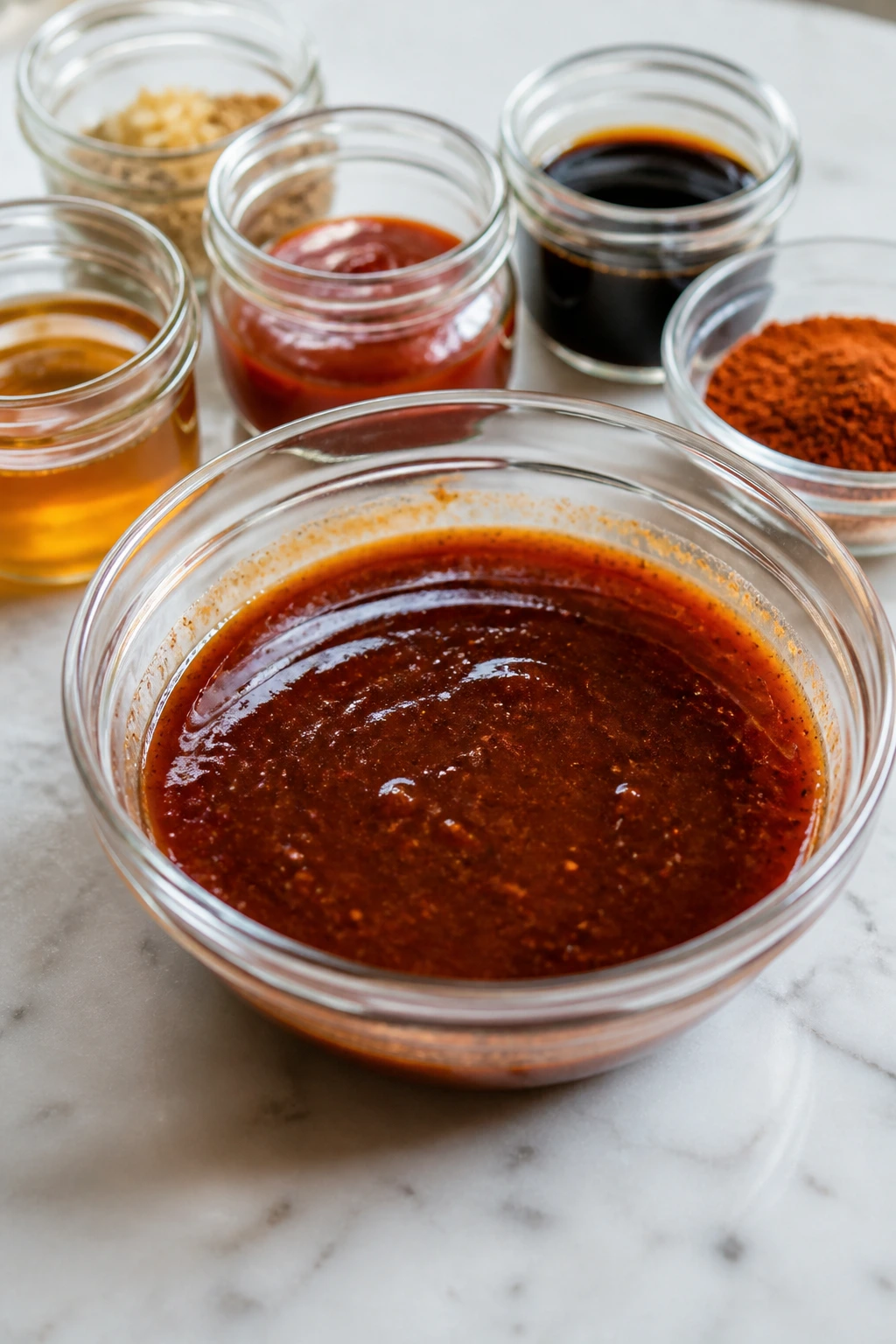 Bowl of BBQ marinade with a few unlabeled jars nearby on a kitchen counter.