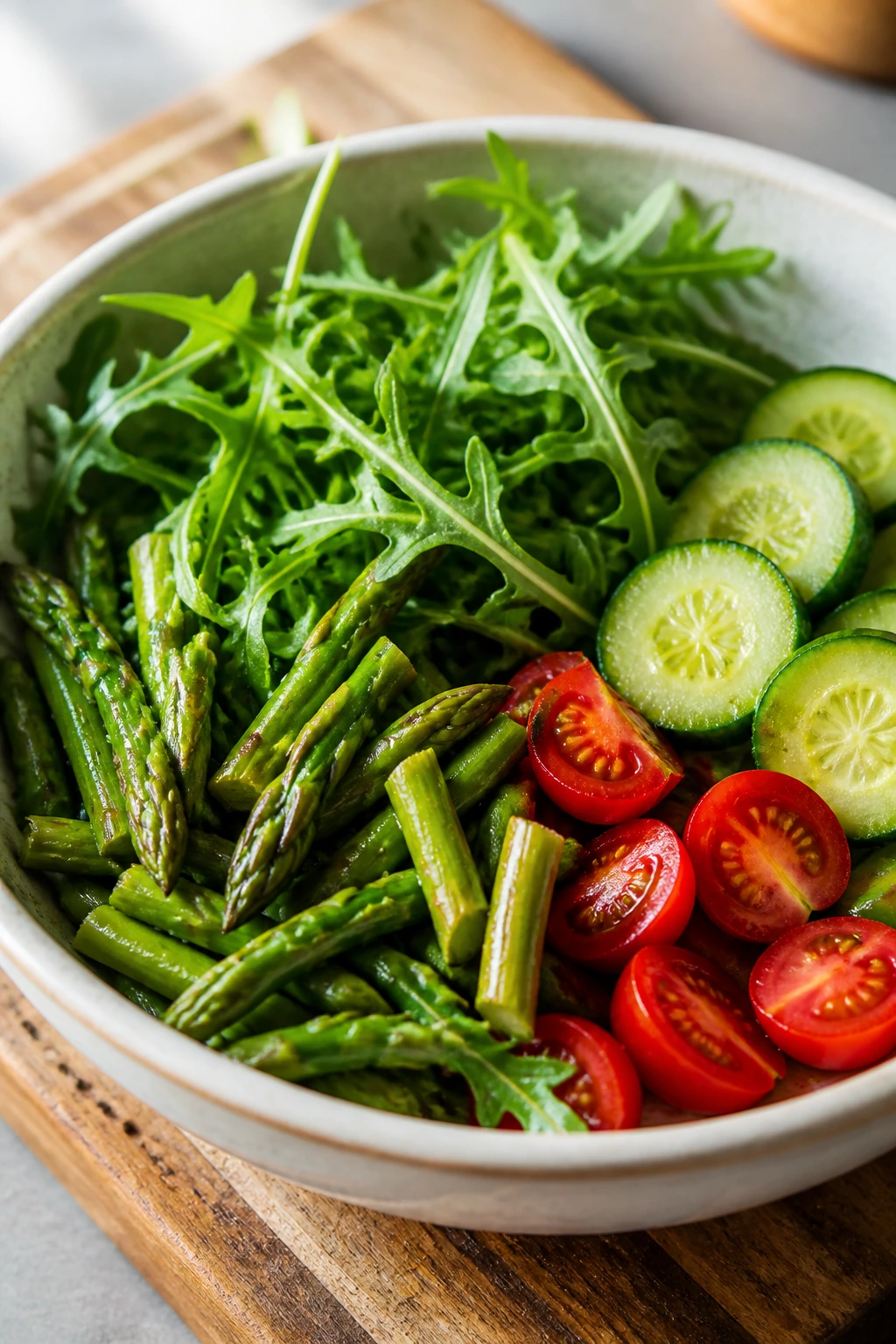 Salad bowl with minimal ingredients: asparagus, tomatoes, arugula, cucumber