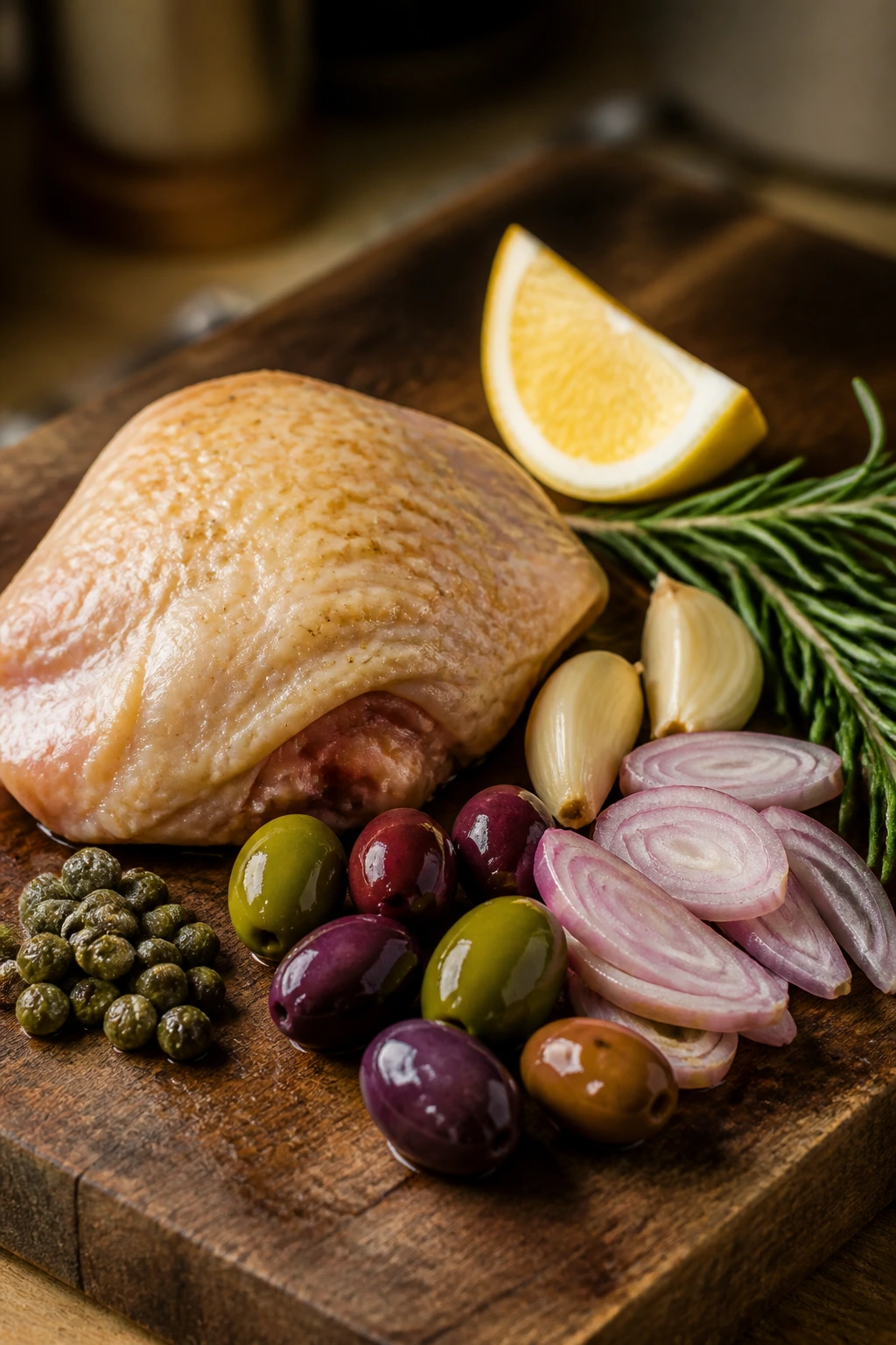 Ingredients for chicken and olives on a wooden board