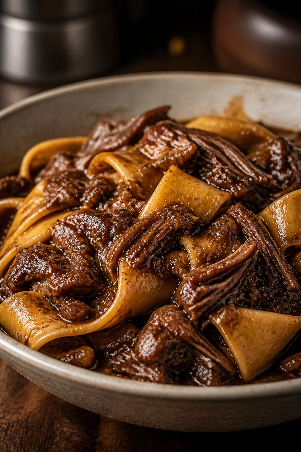 Close-up bowl of short rib ragu with pasta