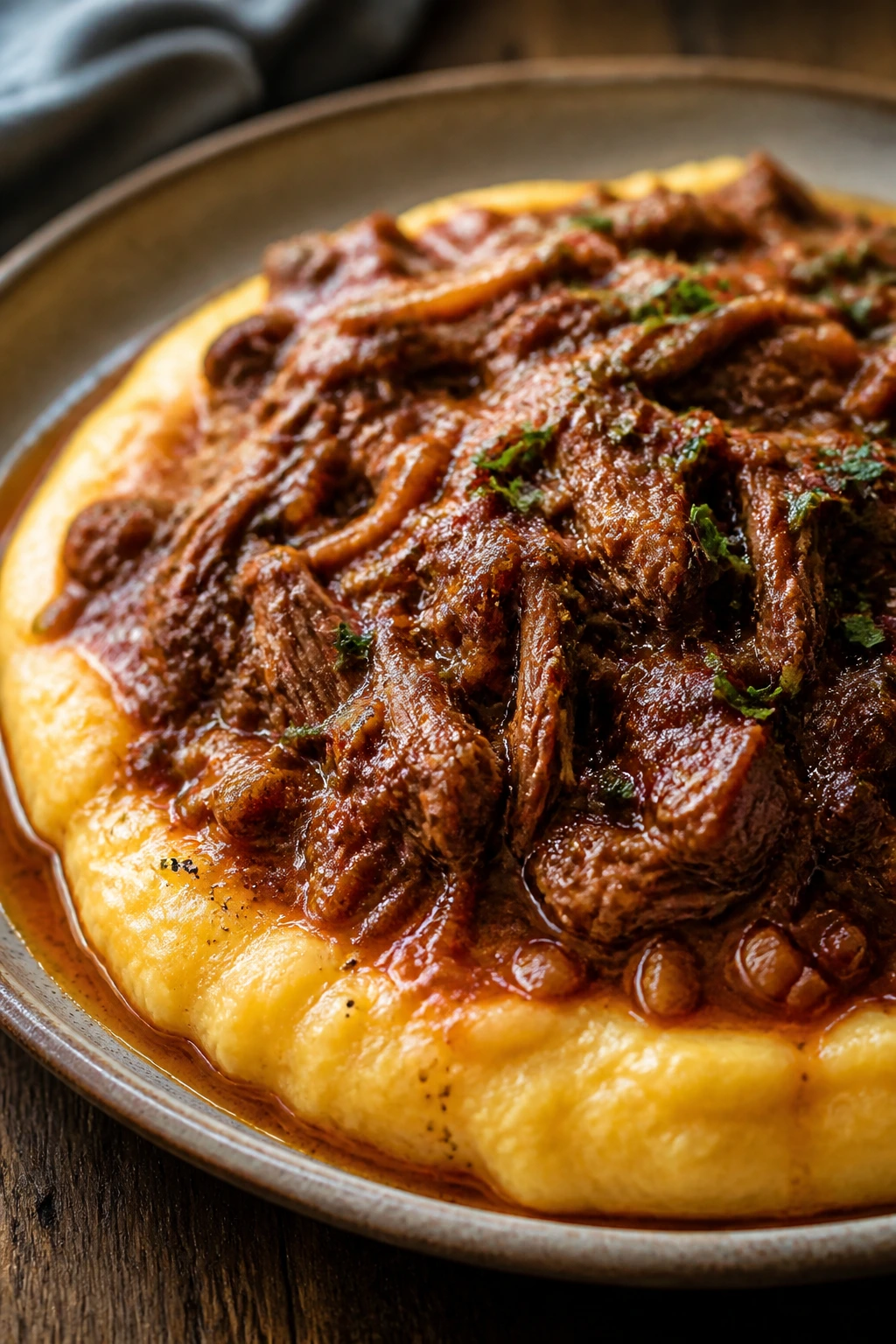 Close-up of short rib ragù over polenta on a rustic plate