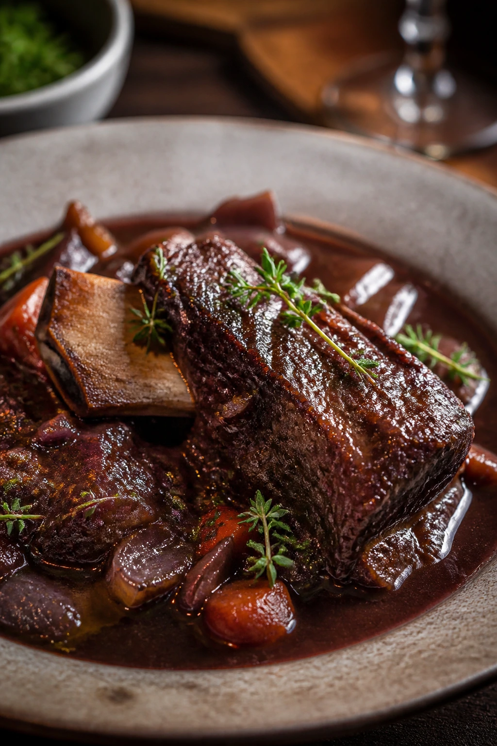 Close-up of tender short rib in red wine stew with glossy sauce