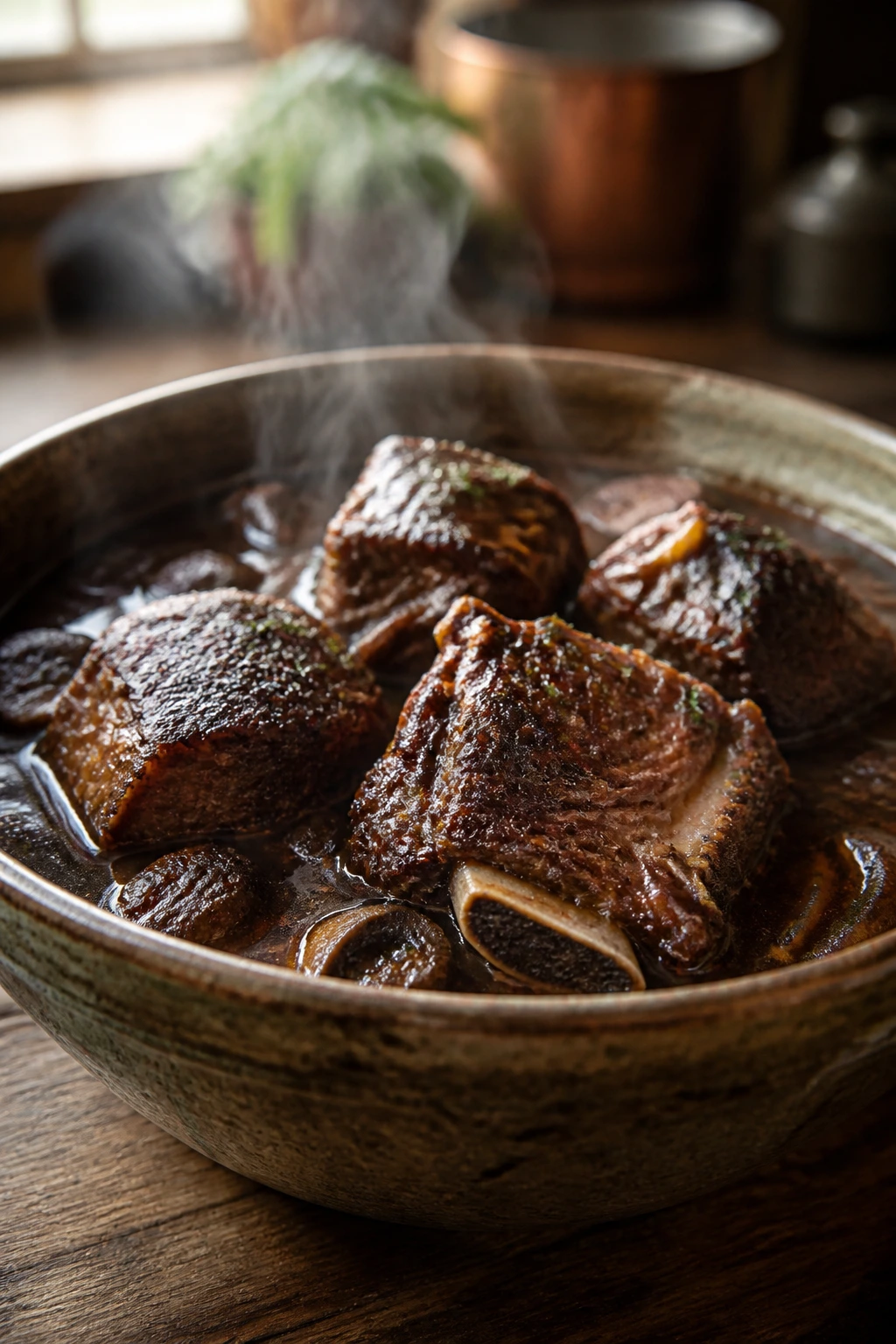 Close-up of red wine braised short ribs in a rustic bowl.