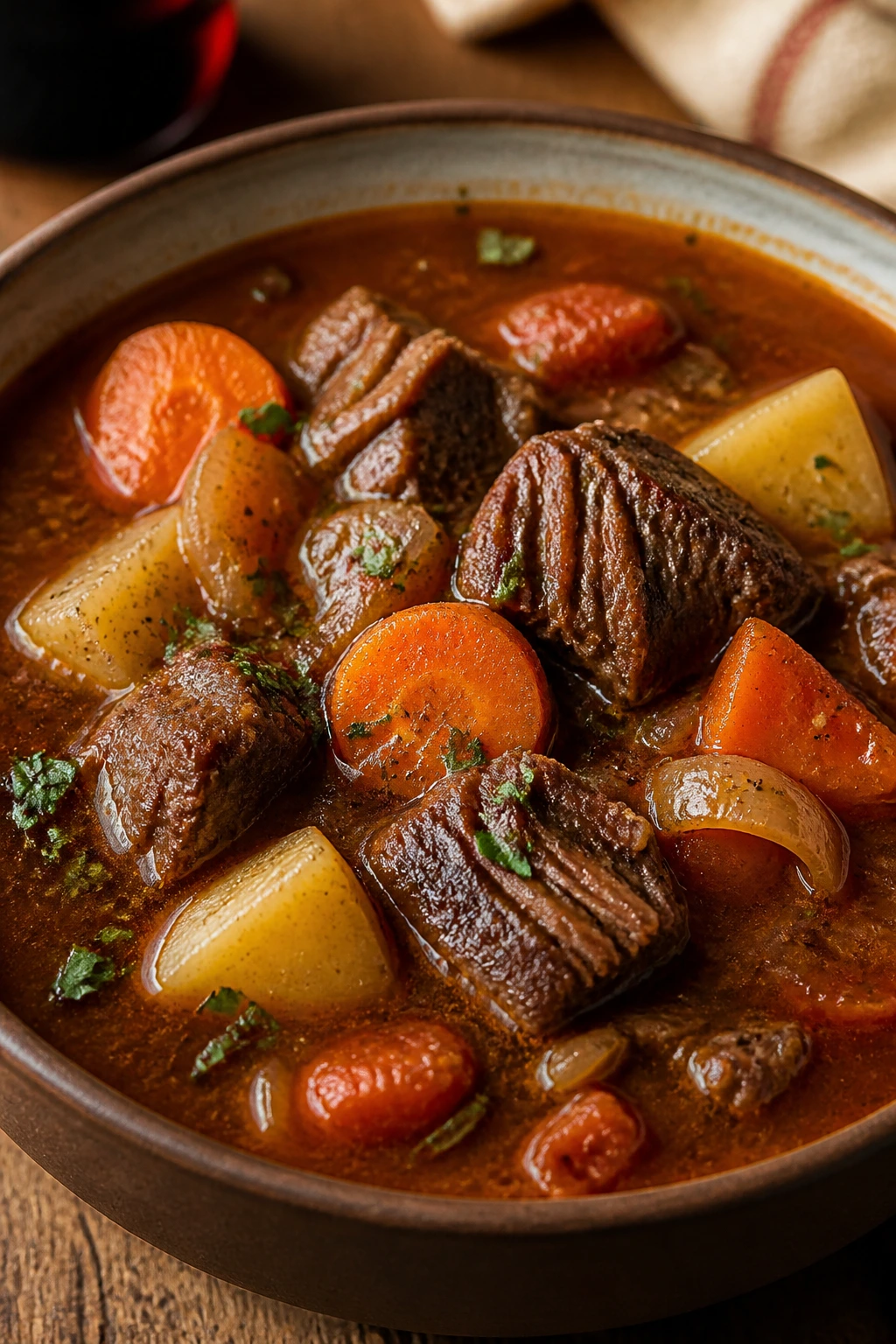 Close-up of short rib vegetable soup with beef and vegetables in a rich broth.