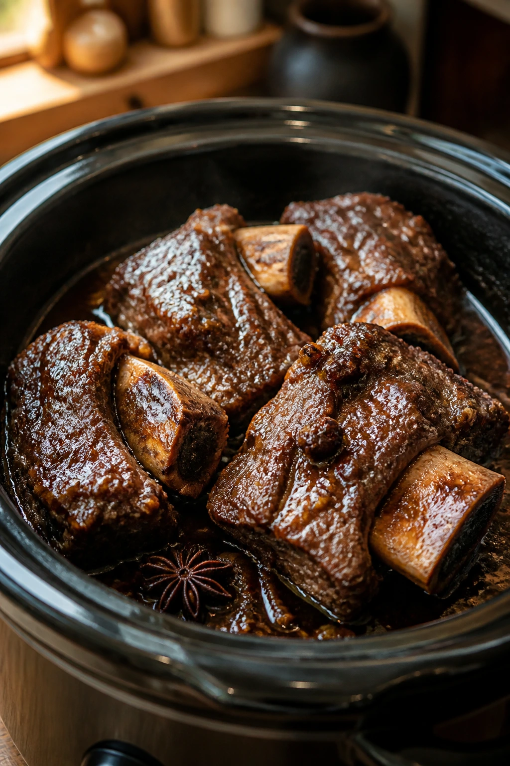Close-up of Five-Spice Short Ribs in braising sauce