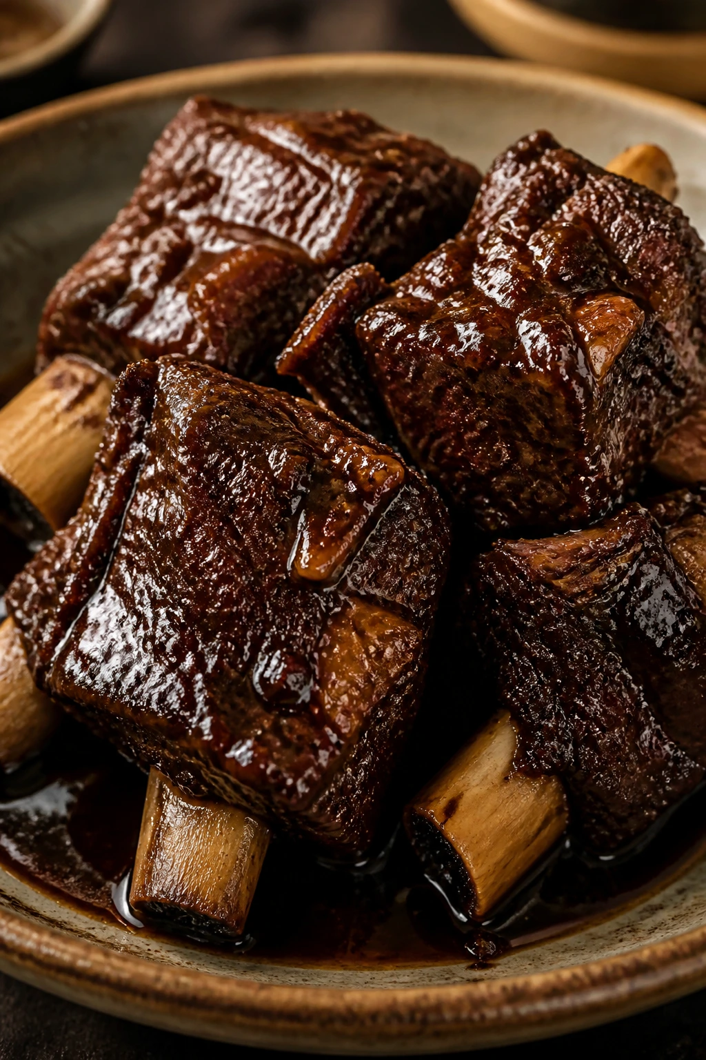 Close-up of braised short ribs in glossy five-spice sauce on a plate