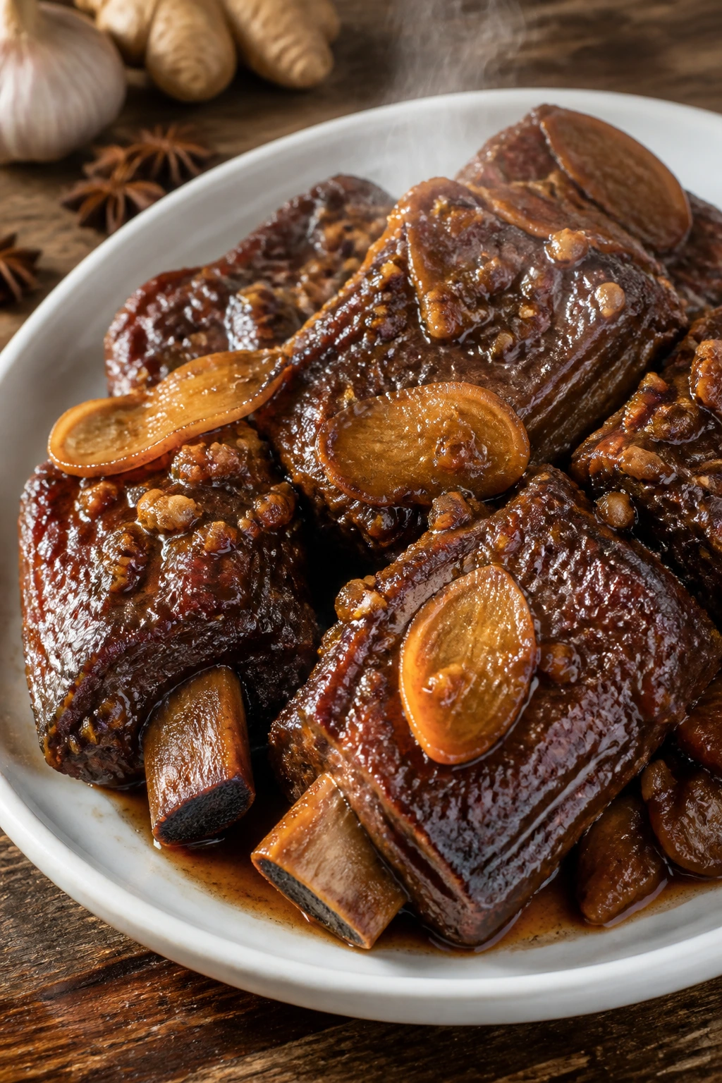 Close-up of lacquered garlic-ginger braised short ribs on plate