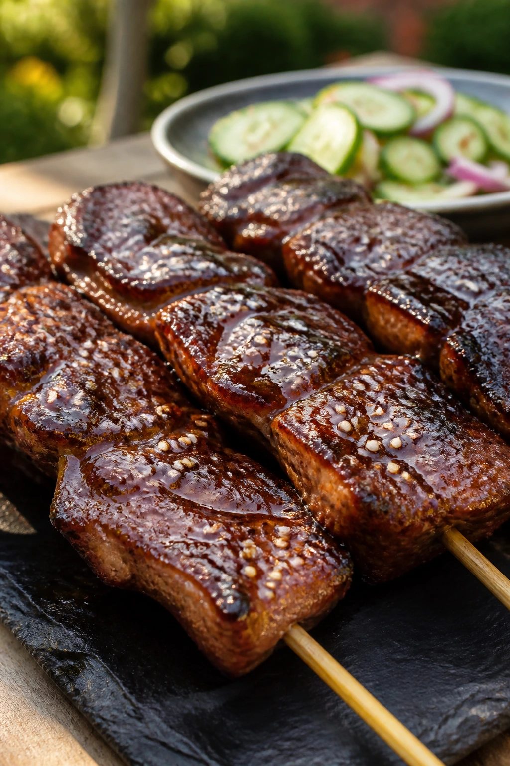 Glossy Korean style short rib skewers on a board outdoors