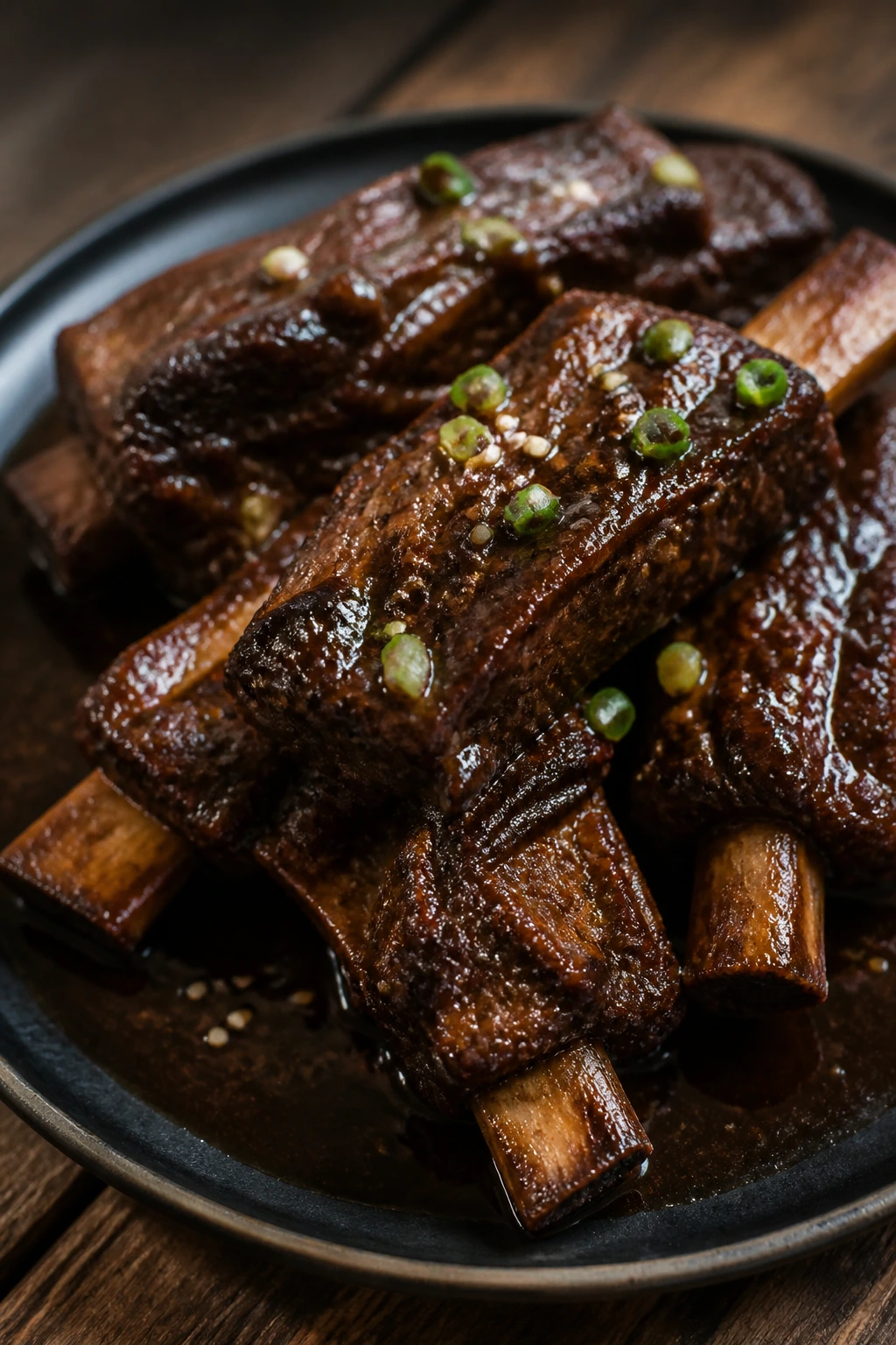 Close-up of bone-in short ribs in glossy glaze.