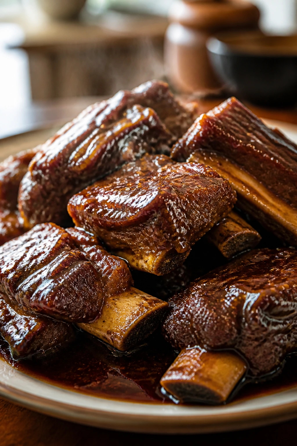 Glossy short ribs with soy glaze on a plate in a warm kitchen