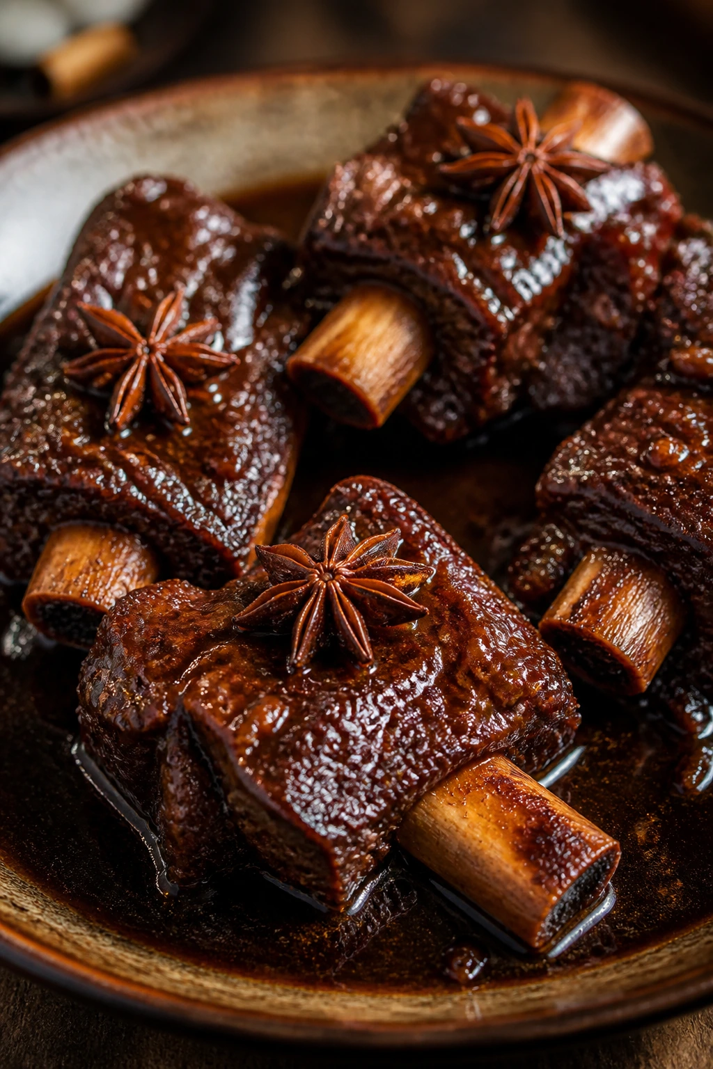 Close-up of braised short ribs with star anise in glossy sauce