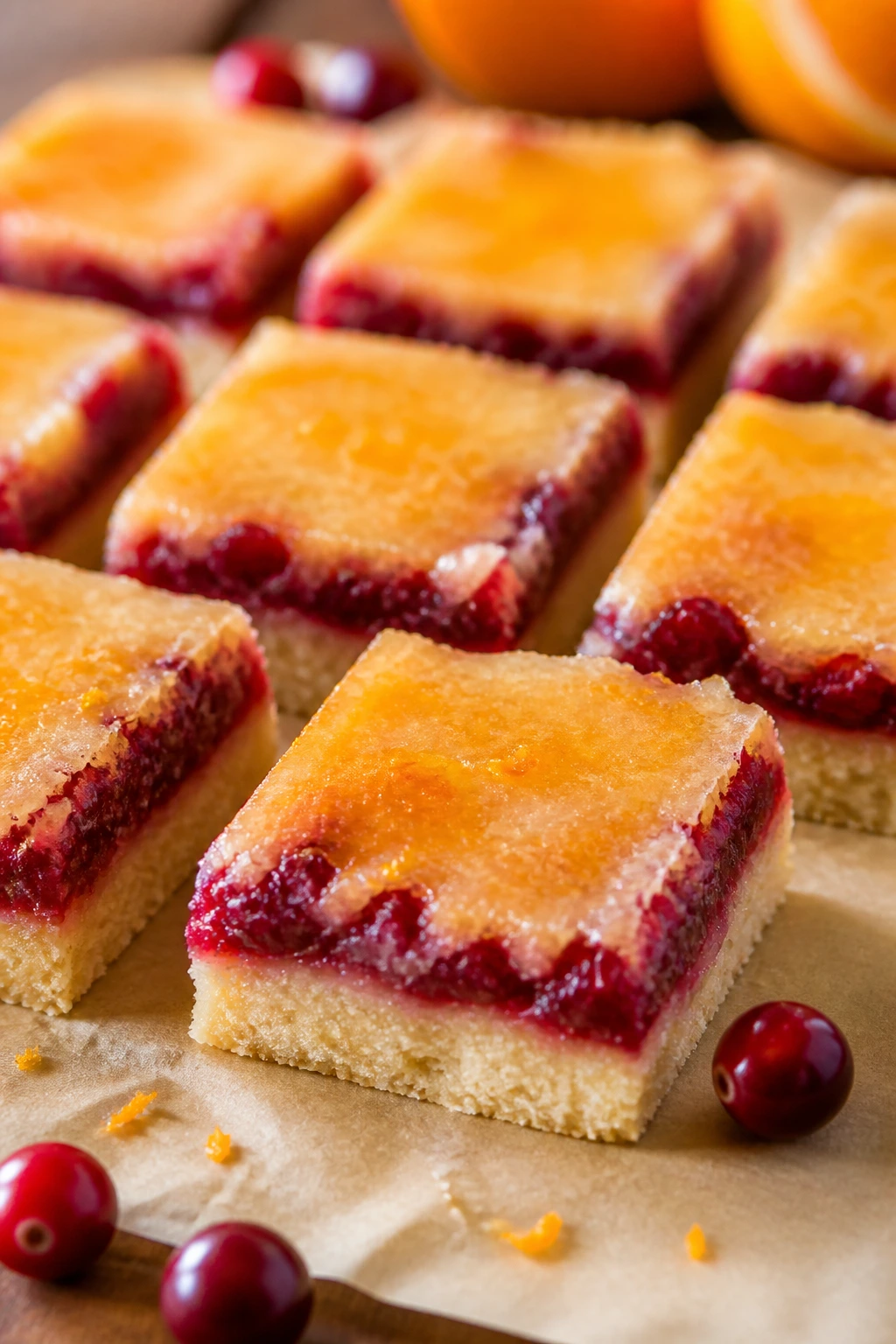 Close-up of cranberry orange shortbread bars with orange glaze