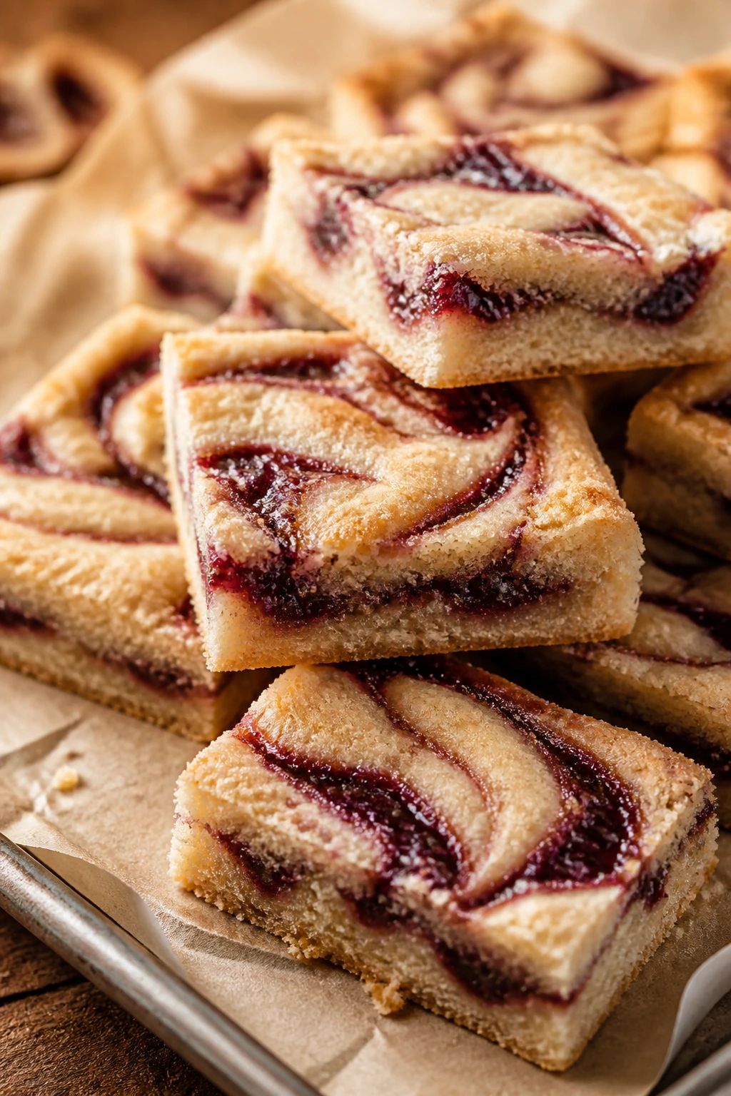 Jam swirl shortbread bars on plate