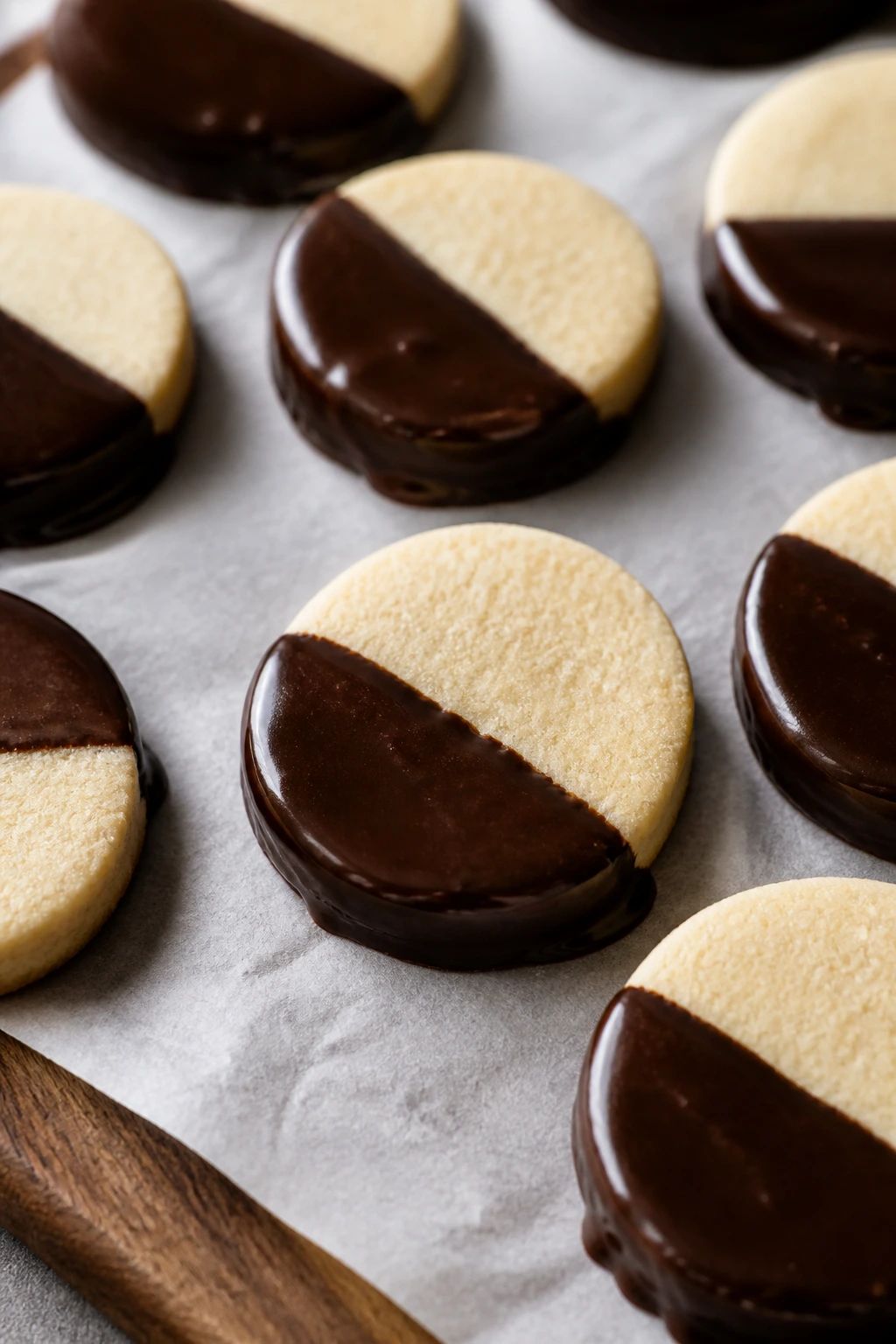 Close-up of chocolate-dipped shortbread coins