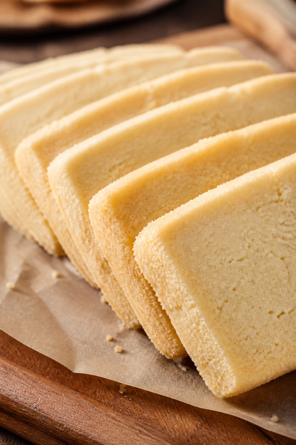 Close-up of pale buttery shortbread cookies on a wooden surface