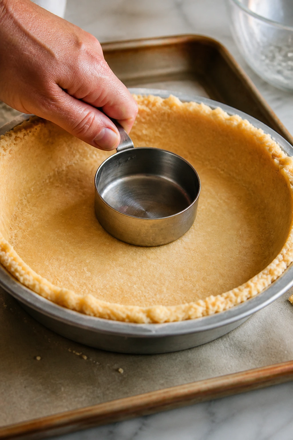Close-up of pressed shortbread crust in pie pan