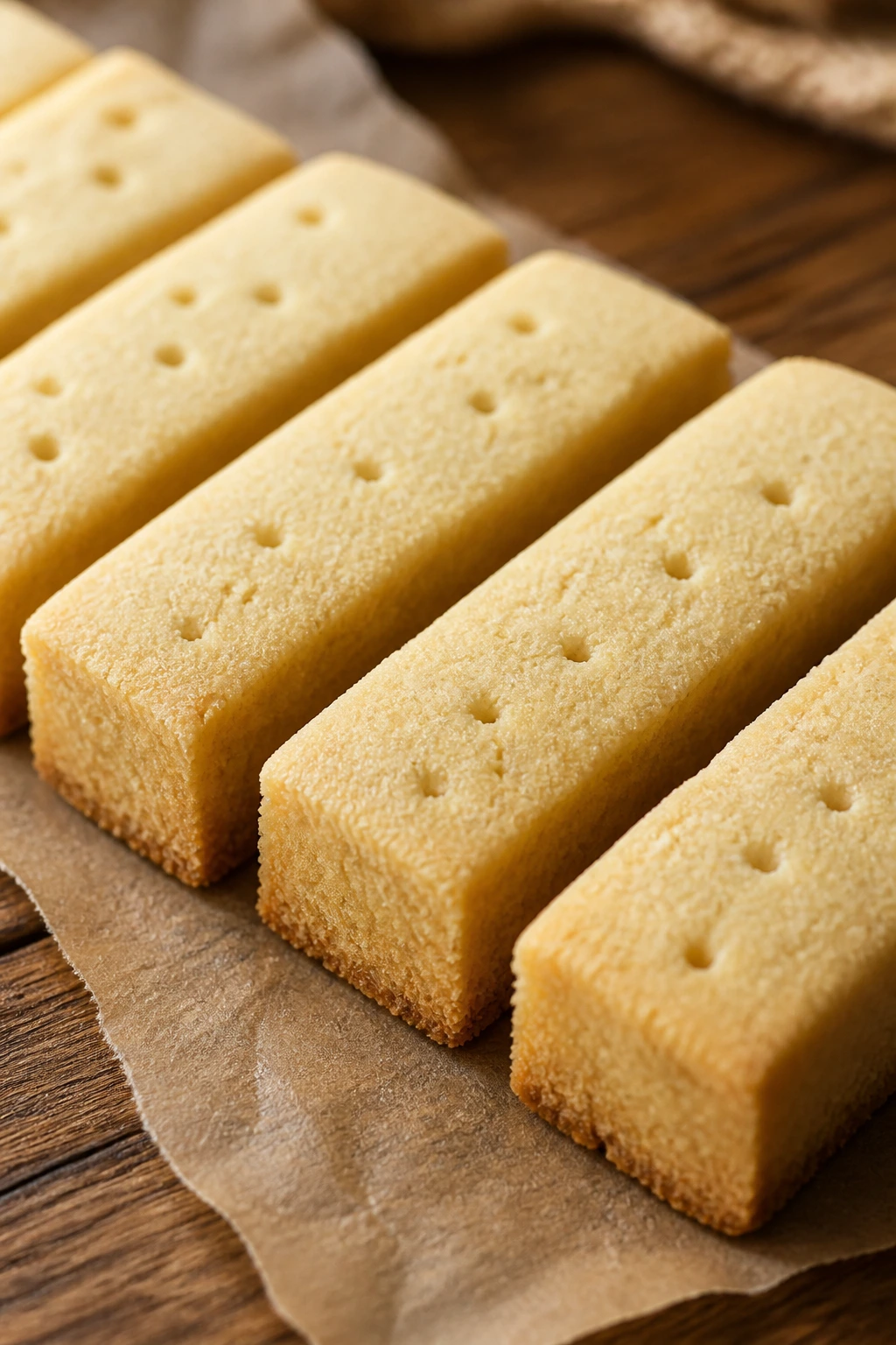 Close-up of shortbread fingers arranged on parchment on a rustic table