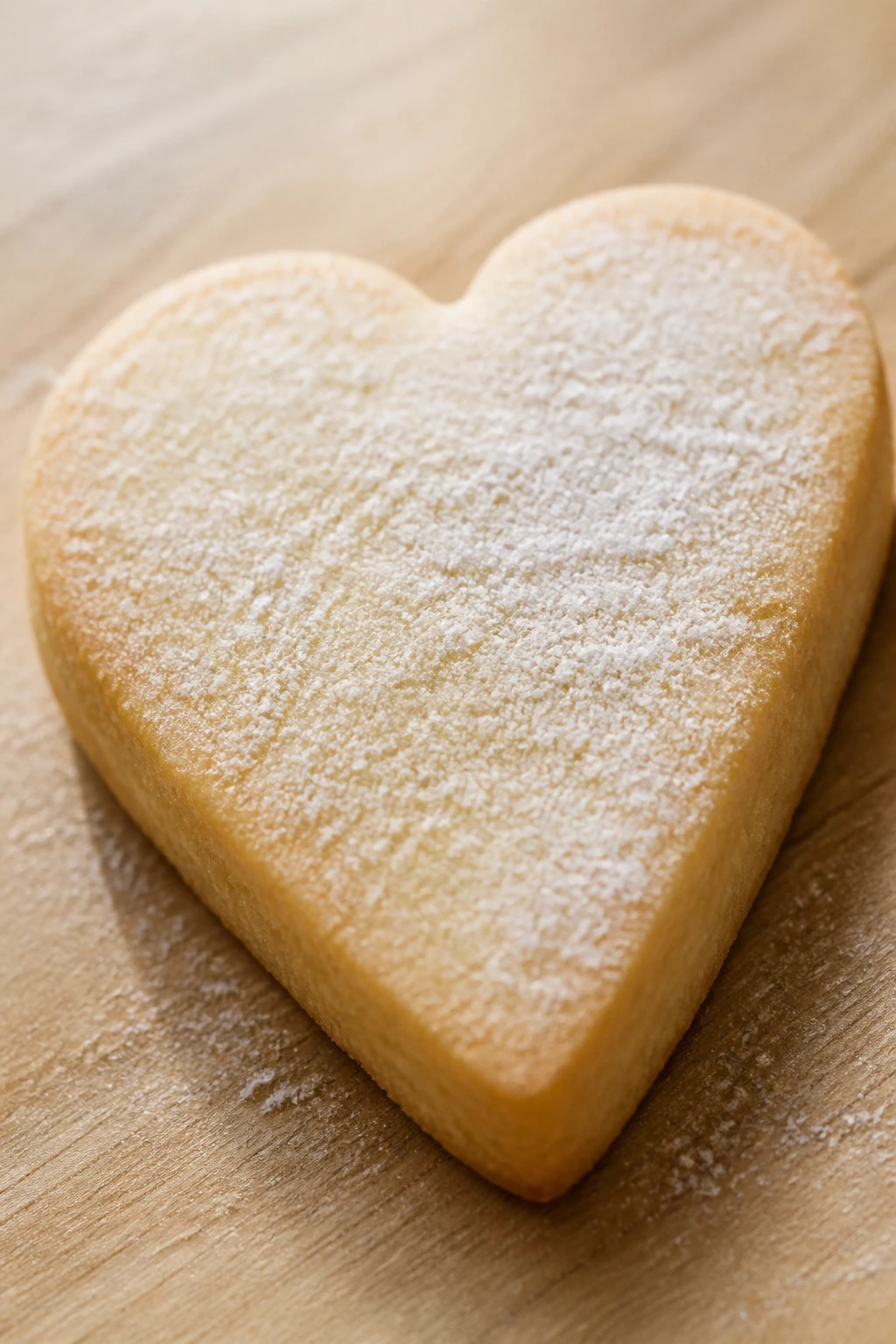 Close-up of a heart-shaped shortbread cookie with sugar dusting